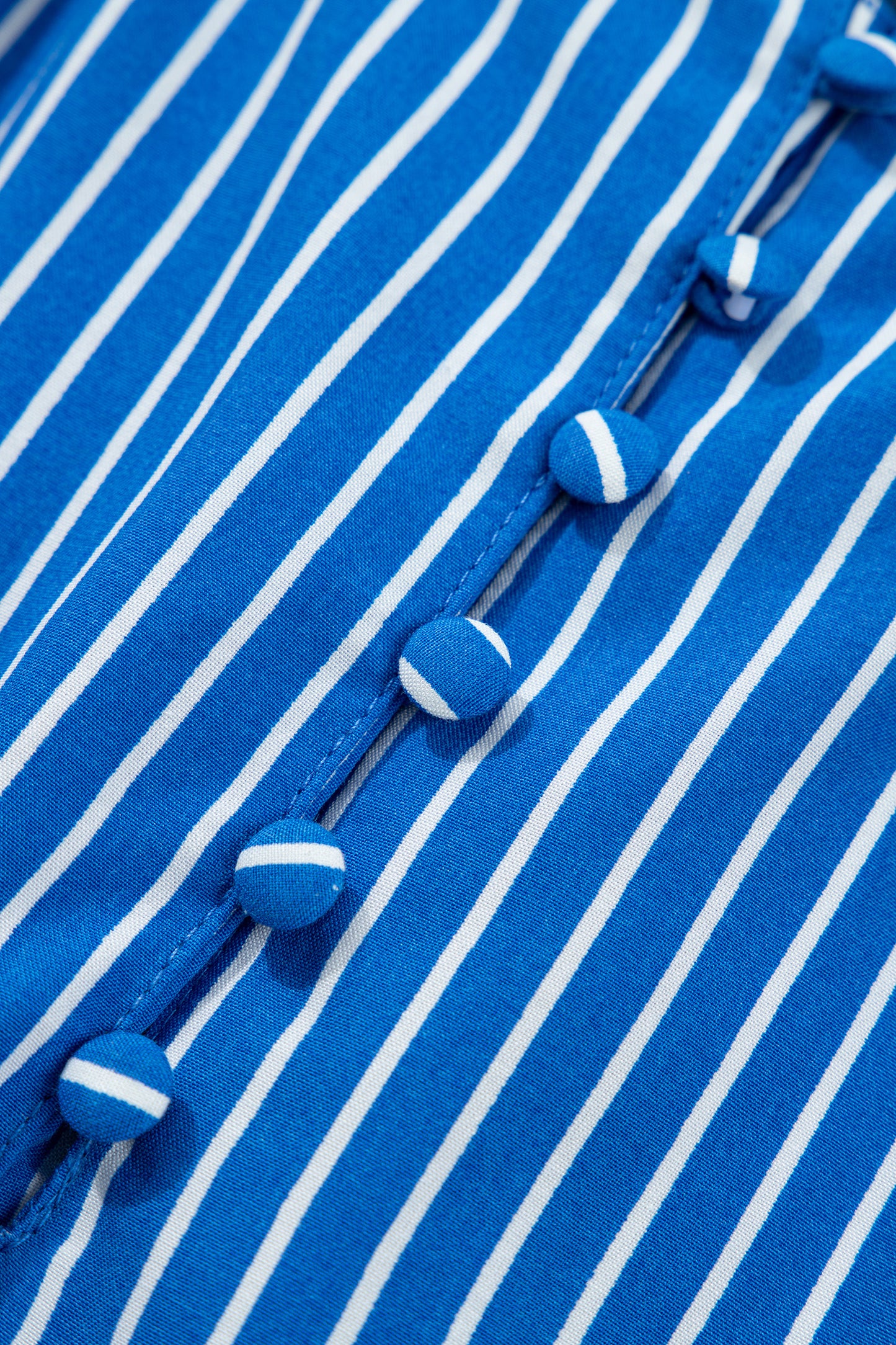 Blue Stripe Ruffled Short Puff Sleeve Button Front Blouse-Tops/Blouses & Shirts-[Adult]-[Female]-2022 Online Blue Zone Planet