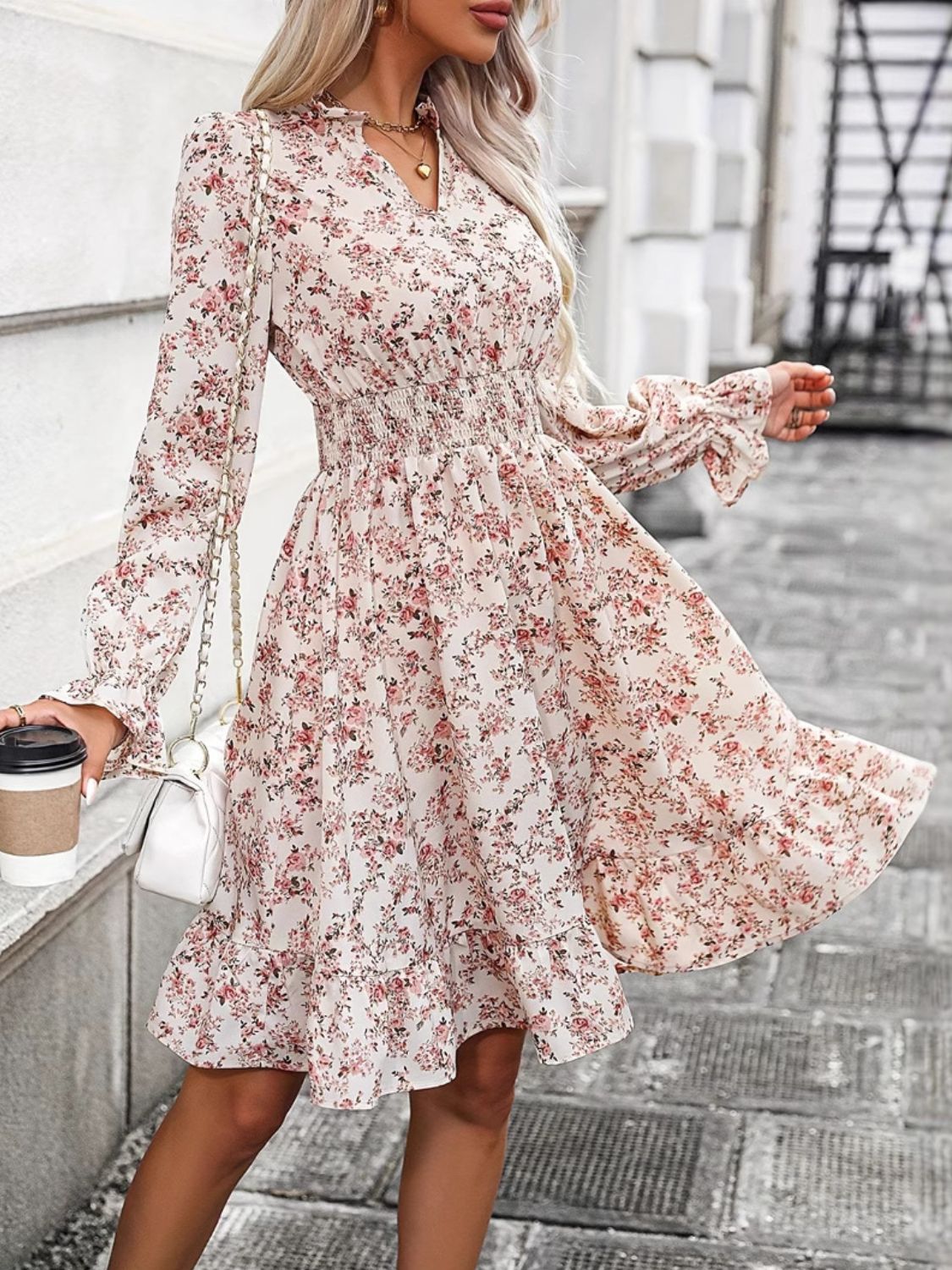 Blue Zone Planet | Ruffle Hem Floral Surplice Long Sleeve Dress-TOPS / DRESSES-[Adult]-[Female]-2022 Online Blue Zone Planet