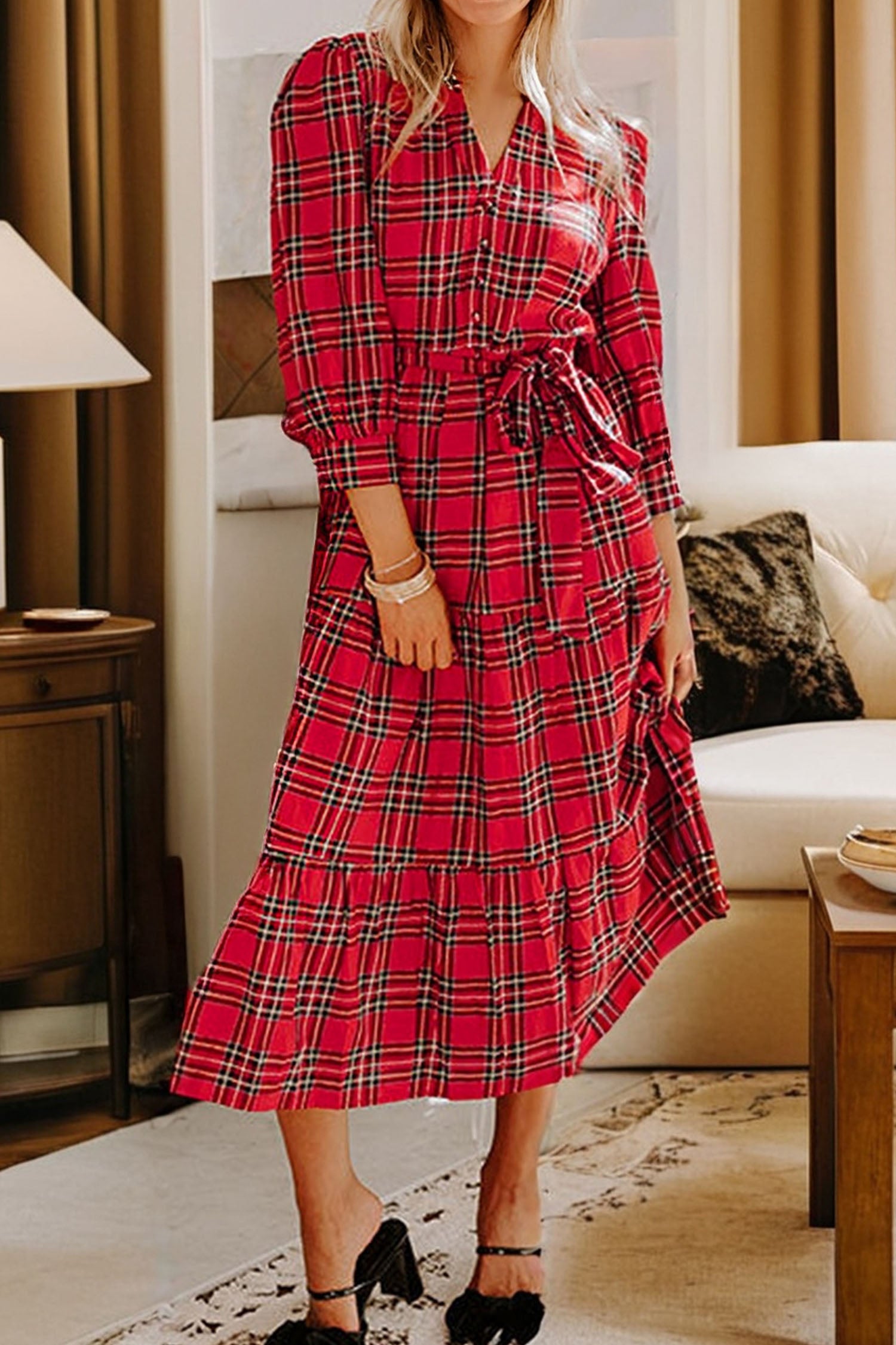 Red Christmas Plaid V Neck 3/4 Sleeve Tie Waist Ruffle Hem Long Dress-TOPS / DRESSES-[Adult]-[Female]-2022 Online Blue Zone Planet