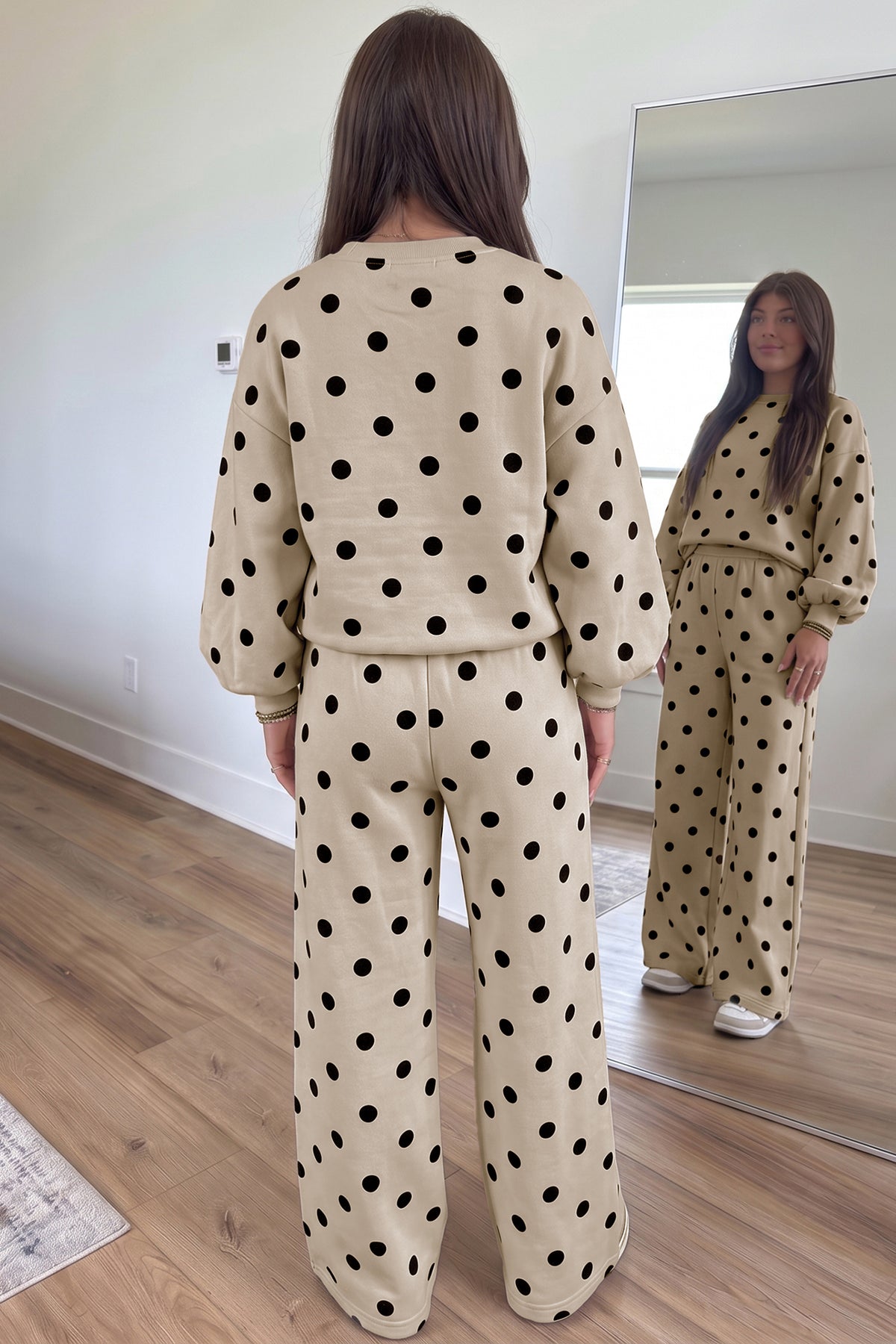 Pink Polka Dot Puff Sleeve Top Casual Pants 2pcs Set-Two Piece Sets/Pant Sets-[Adult]-[Female]-2022 Online Blue Zone Planet