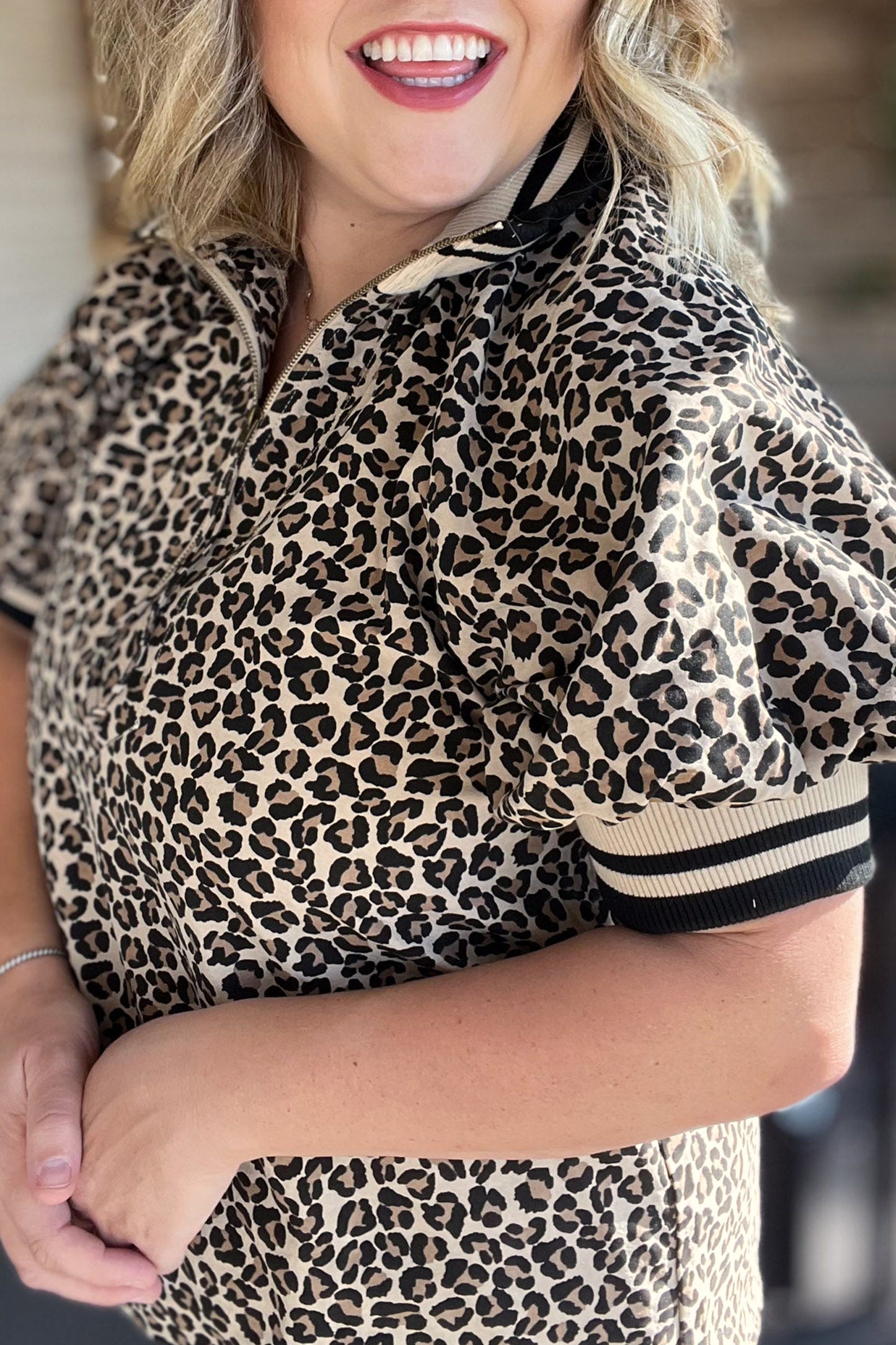Brown Plus Size Leopard Print Striped Webbing Patchwork Half Zip Blouse-Plus Size/Plus Size Tops/Plus Size Blouses & Shirts-[Adult]-[Female]-2022 Online Blue Zone Planet