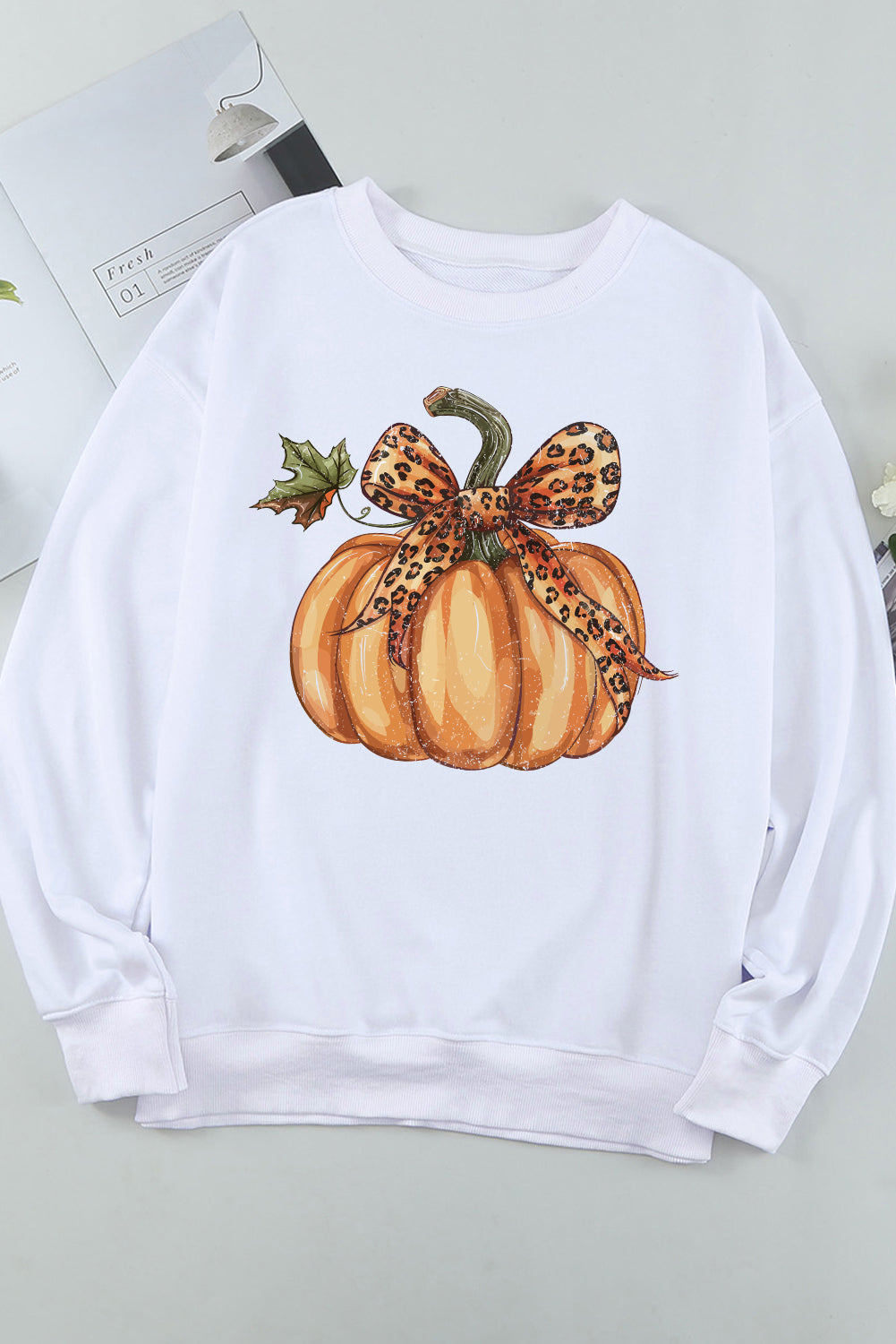 Beige Leopard Bowknot Pumpkin Graphic Crewneck Sweatshirt-Graphic/Graphic Sweatshirts-[Adult]-[Female]-2022 Online Blue Zone Planet