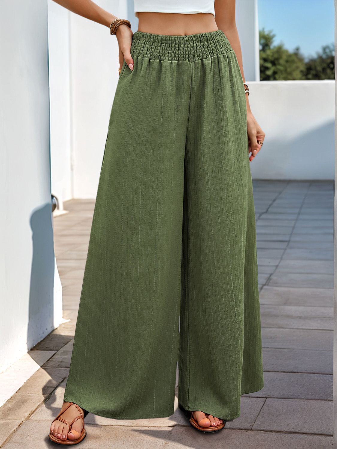 Blue Zone Planet | Perfee Smocked Wide Leg Pants-BOTTOM SIZES SMALL MEDIUM LARGE-[Adult]-[Female]-Moss-S-2022 Online Blue Zone Planet