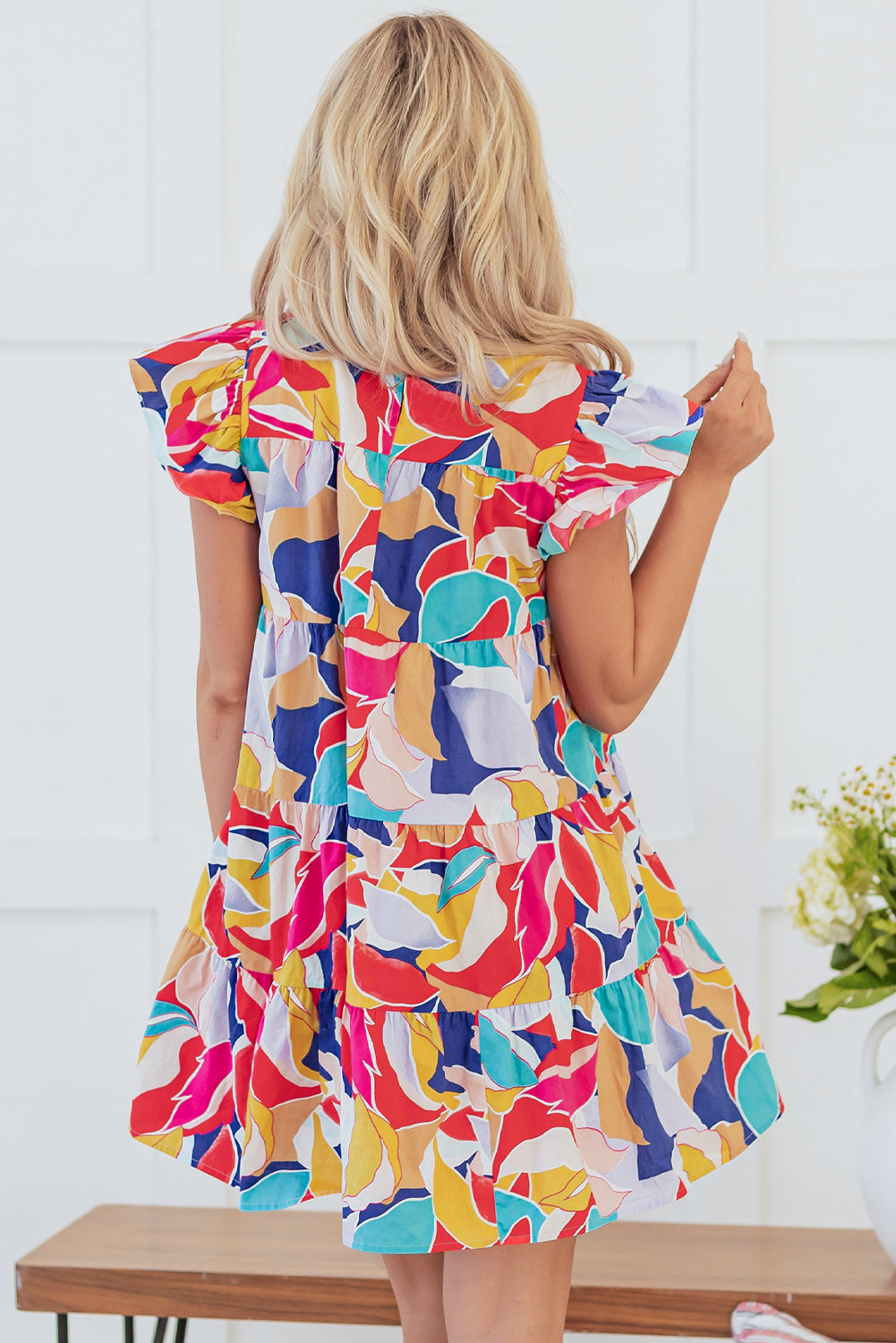 Pink Abstract Printed Ruffled Flutter Sleeve Tiered Mini Dress-Dresses/Mini Dresses-[Adult]-[Female]-2022 Online Blue Zone Planet