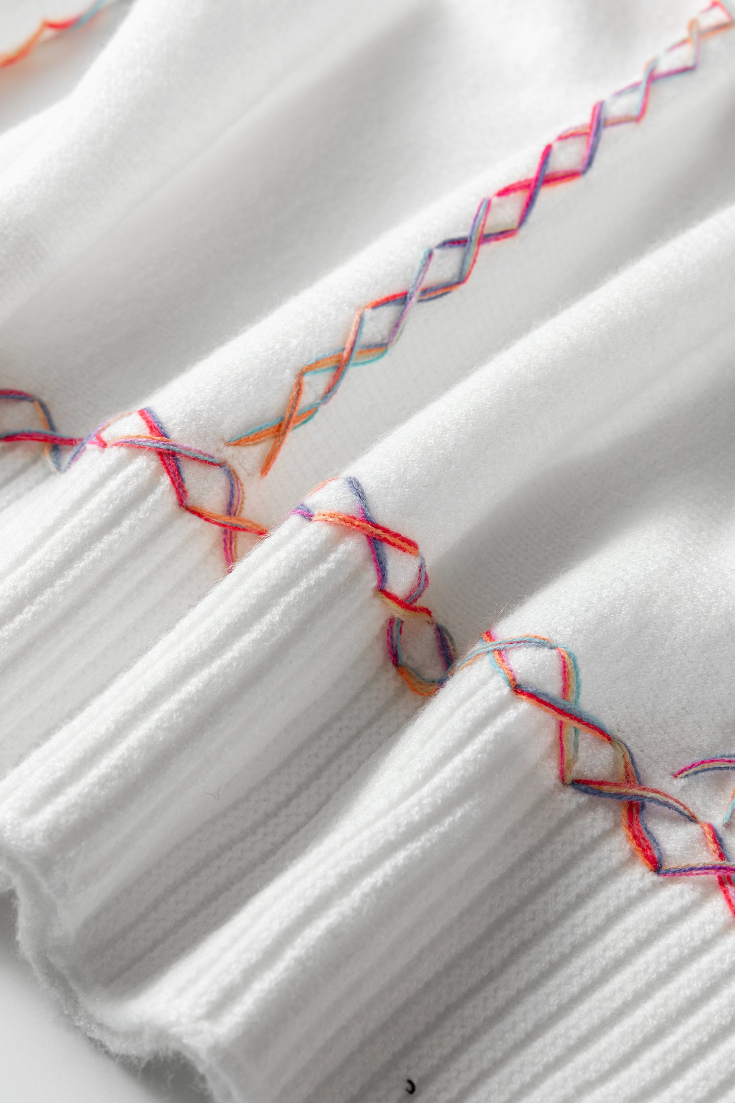 White Rainbow Stitching Balloon Sleeve Relaxed Sweater-TOPS / DRESSES-[Adult]-[Female]-2022 Online Blue Zone Planet