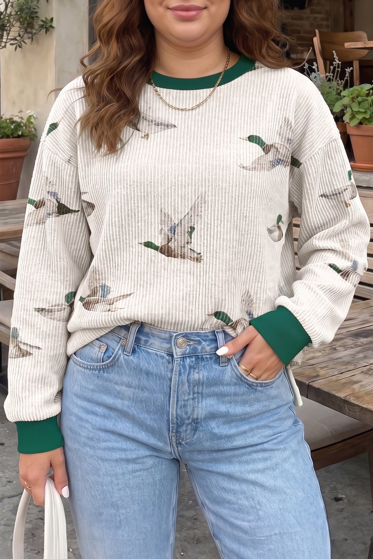 Beige Mallard Duck Print Plus Size Twisted Ribbed Top