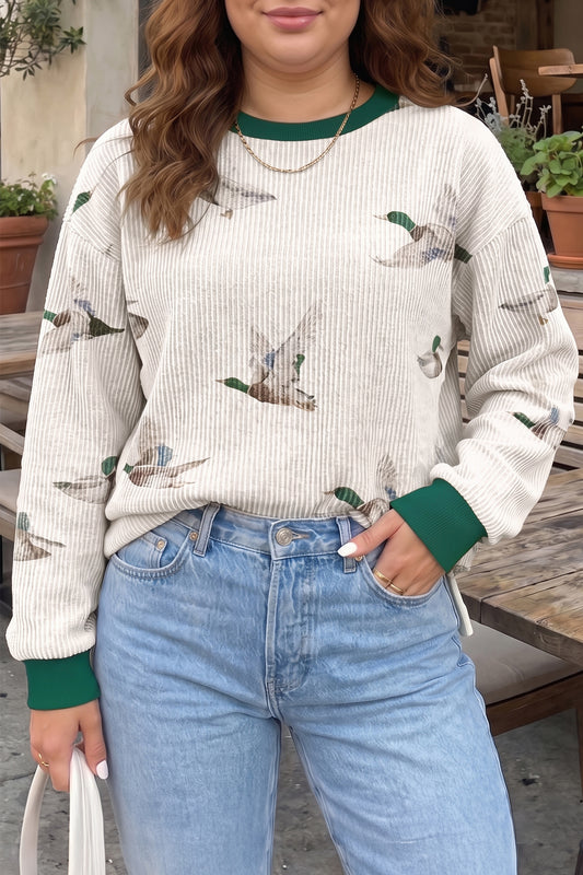 Beige Mallard Duck Print Plus Size Twisted Ribbed Top