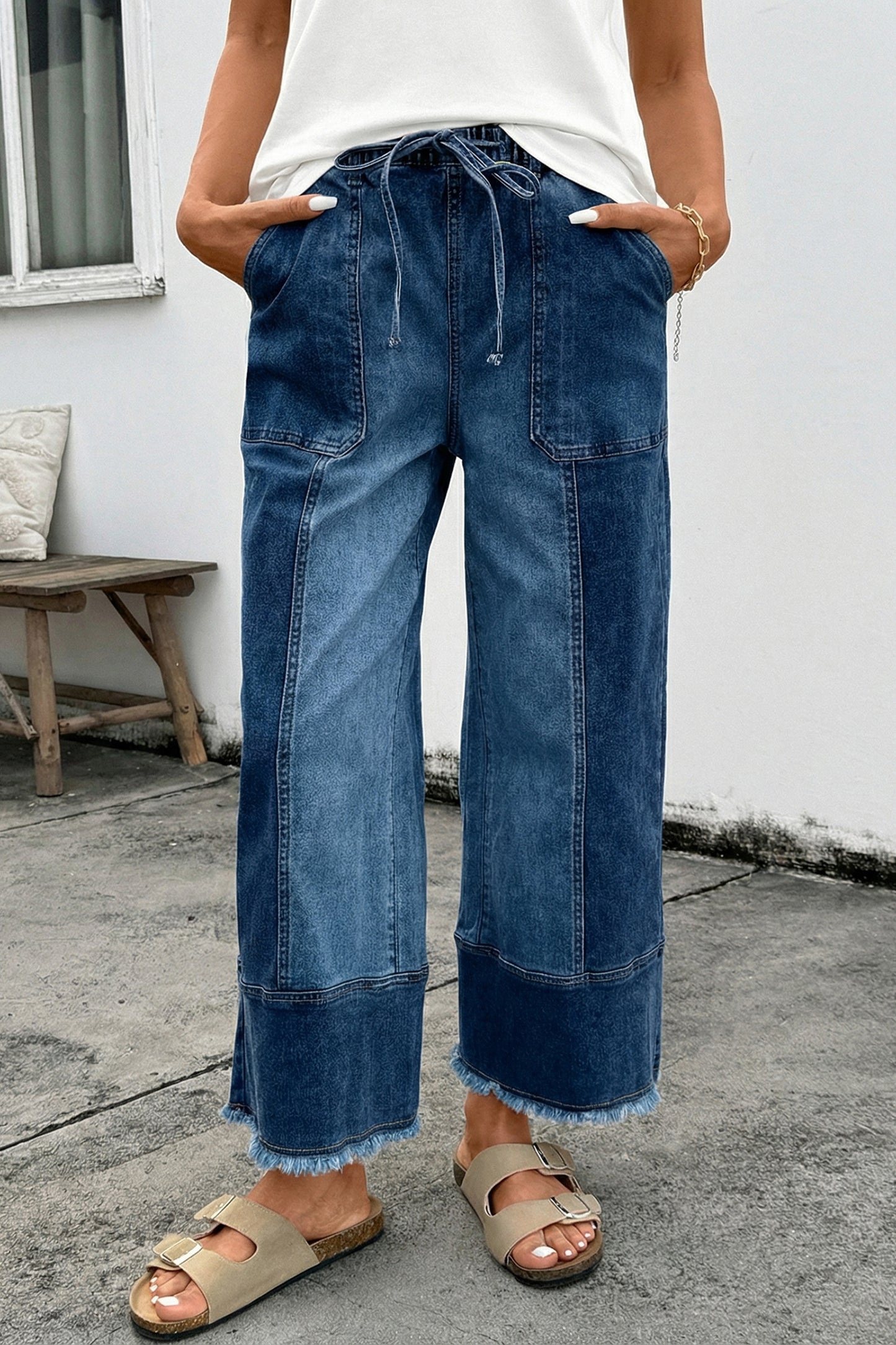 Prussian Blue Drawstring Seam Detail Raw Hem Wide Leg Denim Pants-Bottoms/Jeans-[Adult]-[Female]-2022 Online Blue Zone Planet