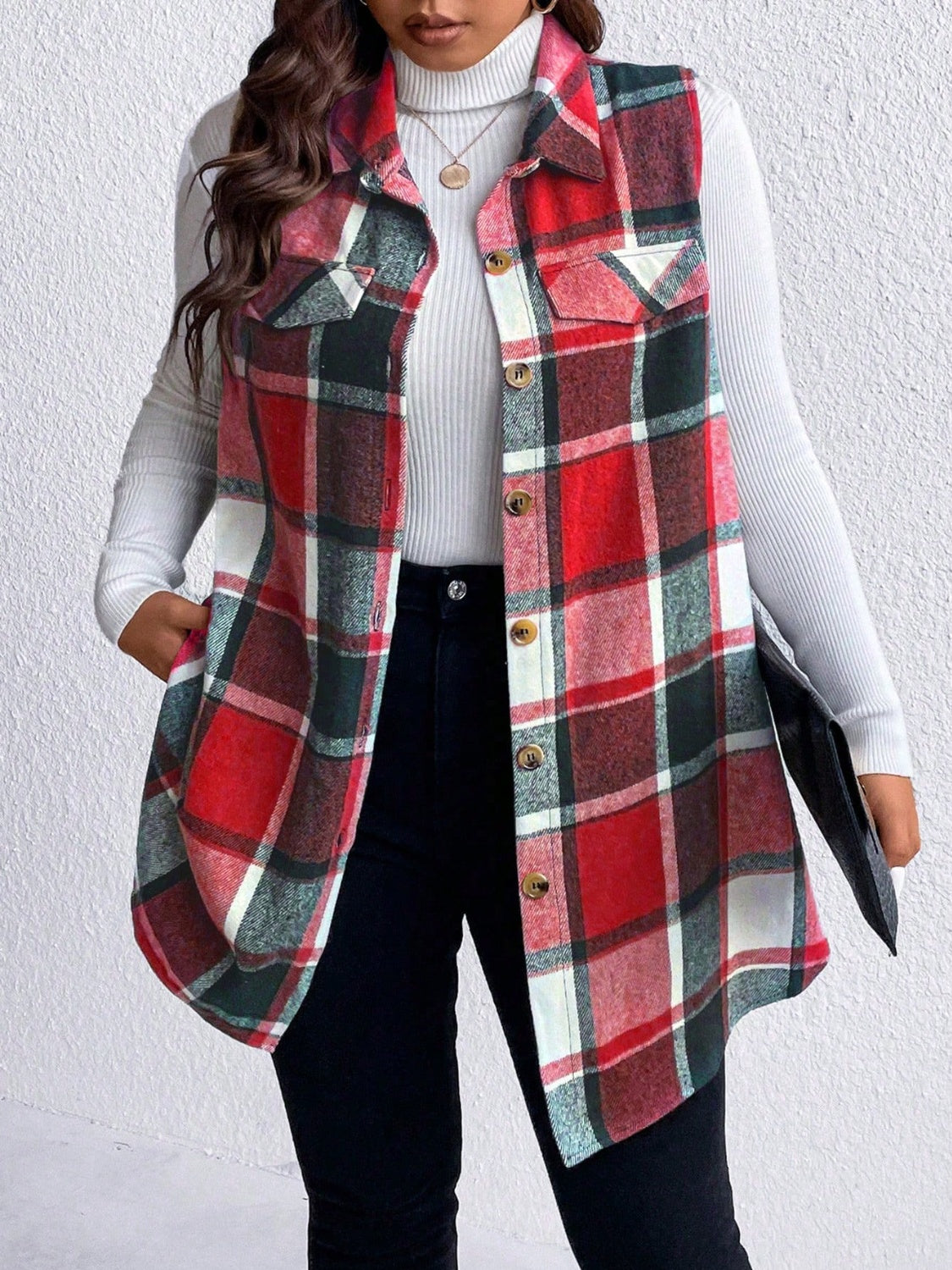 Honey Plus Size Pocketed Plaid Button Up Vest Coat-TOPS / DRESSES-[Adult]-[Female]-Deep Red-1XL-2022 Online Blue Zone Planet