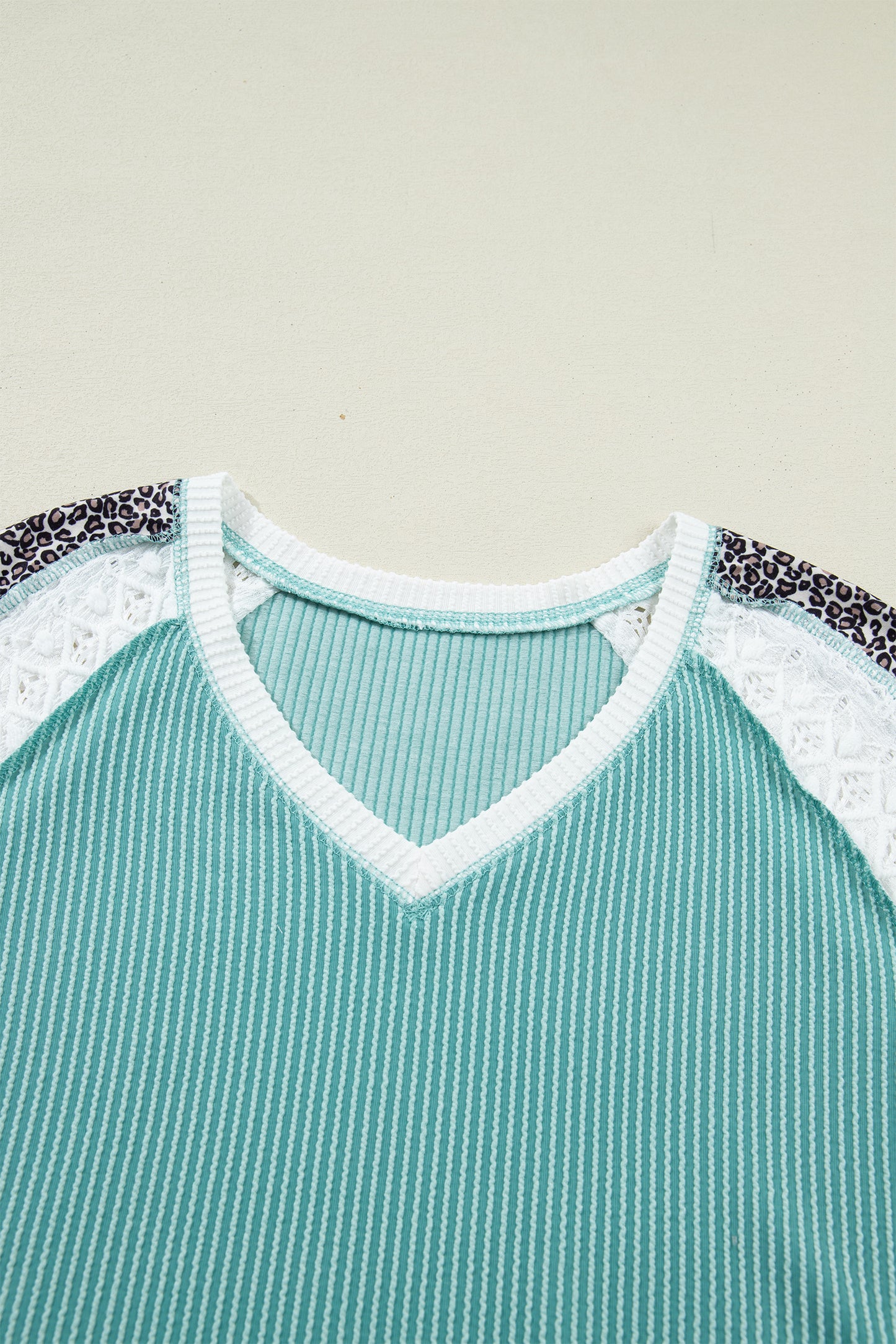 Green Bay Color Block Lace Leopard Patchwork Twisted Ribbed Tee