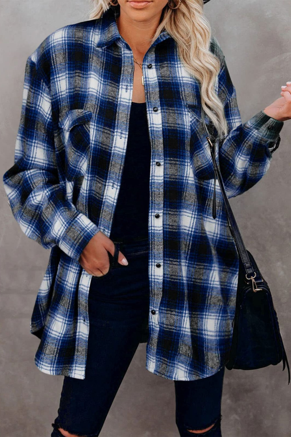 Full Size Plaid Collared Neck Long Sleeve Shirt-TOPS / DRESSES-[Adult]-[Female]-Royal Blue-S-2022 Online Blue Zone Planet