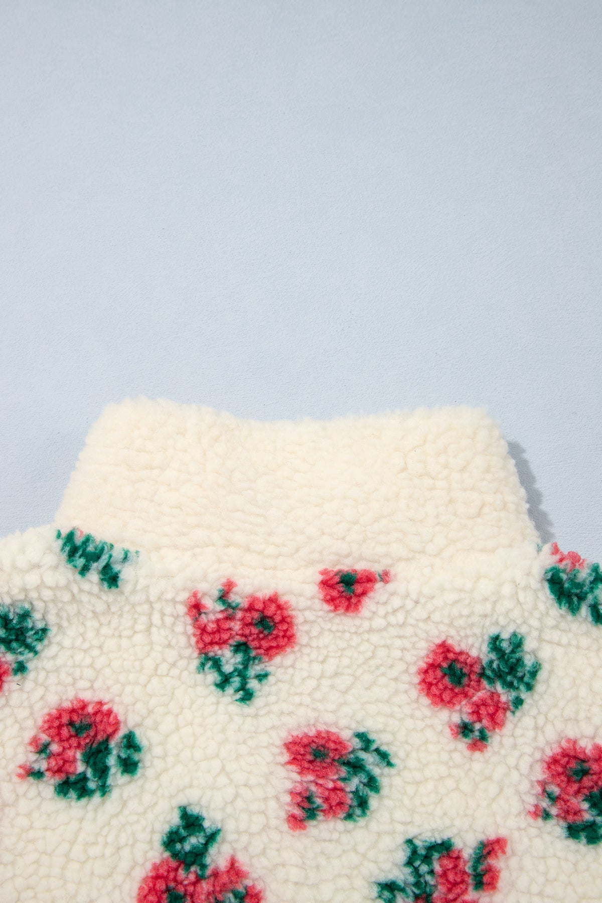 White Floral Print Fleece Contrast Trim Button Collar Sweatshirt