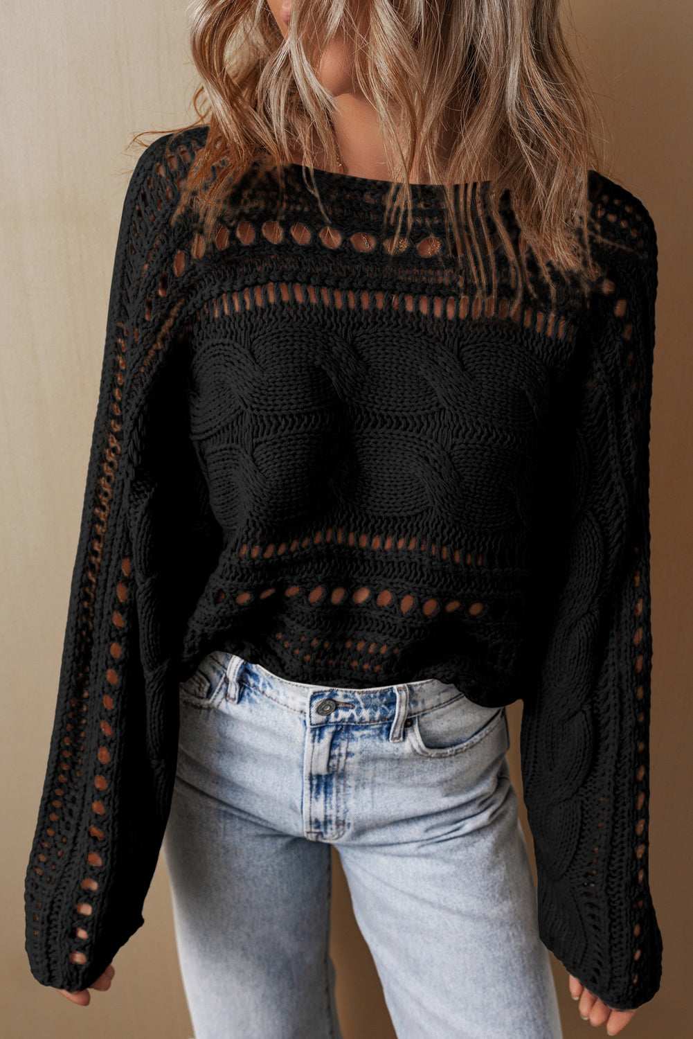 Black Hollow-out Cable Knit Cropped Sweater-TOPS / DRESSES-[Adult]-[Female]-Black-S-2022 Online Blue Zone Planet