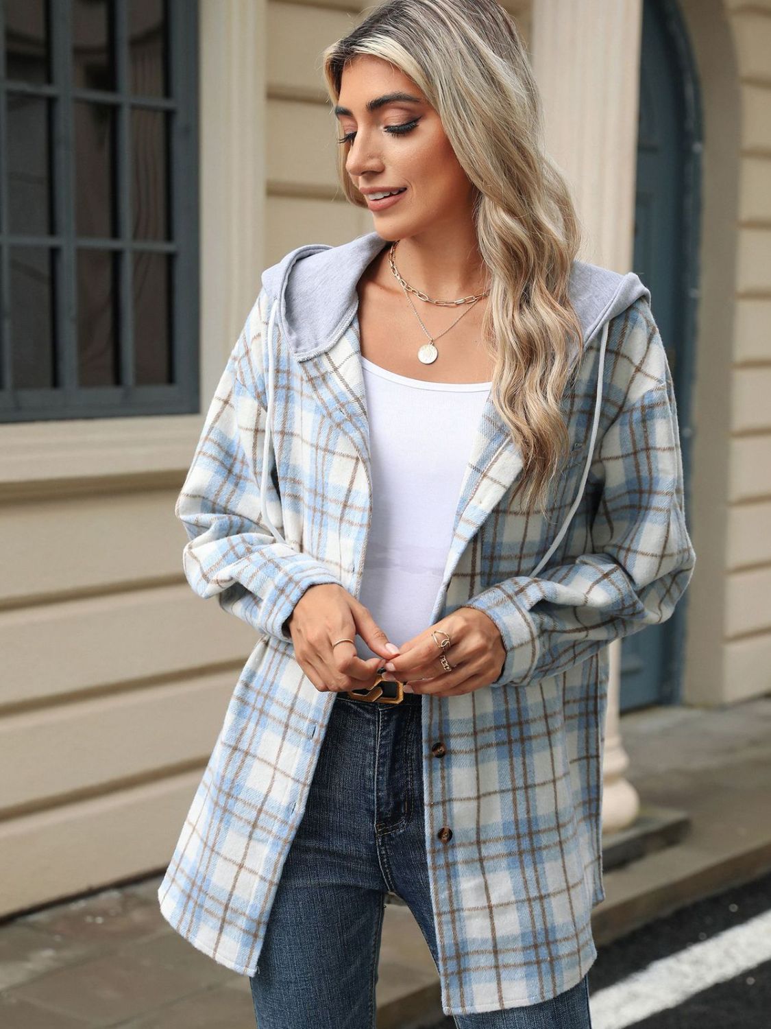 Drawstring Plaid Button Up Hooded Jacket-TOPS / DRESSES-[Adult]-[Female]-2022 Online Blue Zone Planet