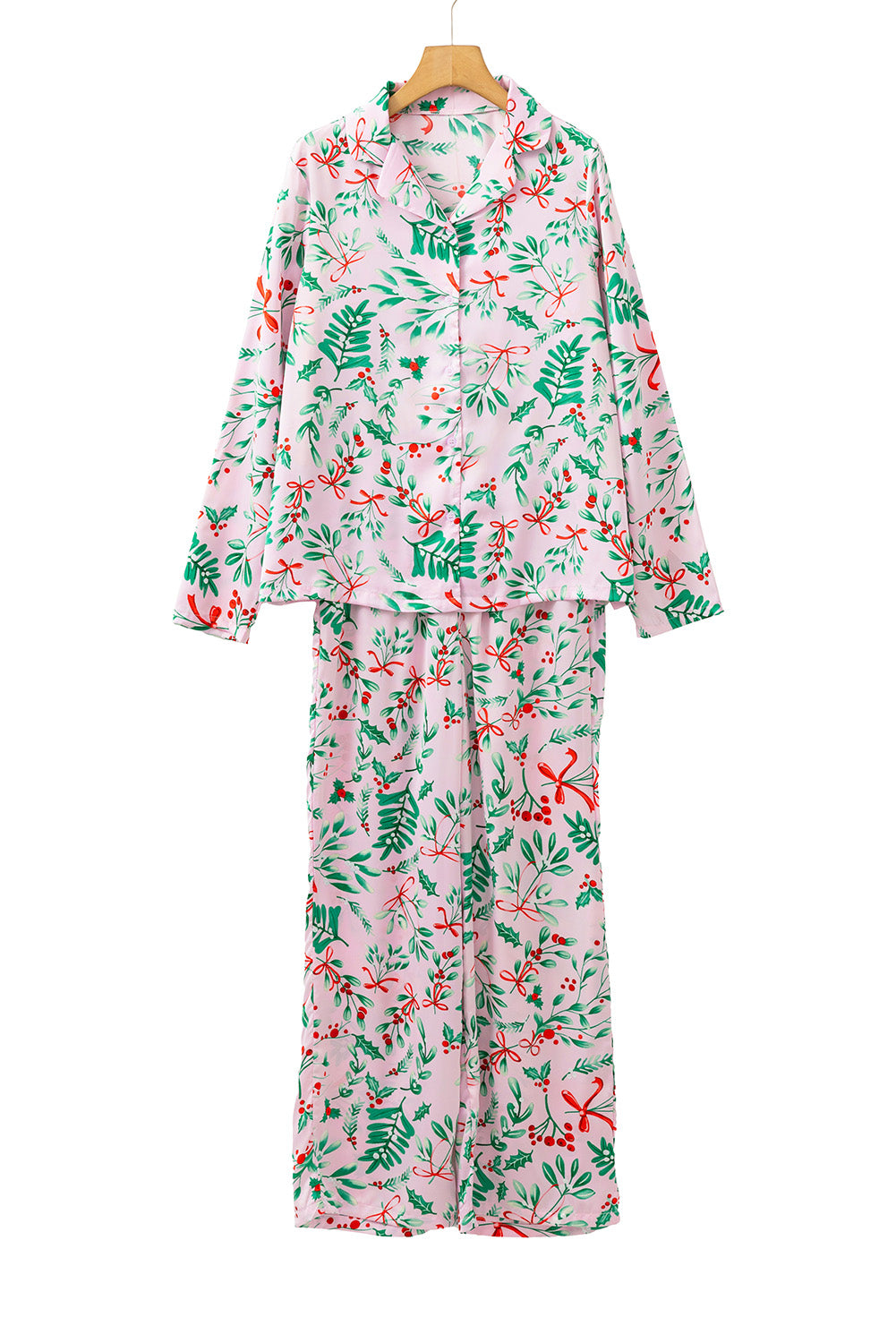 Pink Christmas Print Plush Edge Collar Shirt Pants Pajama Set-Loungewear Set-[Adult]-[Female]-2022 Online Blue Zone Planet