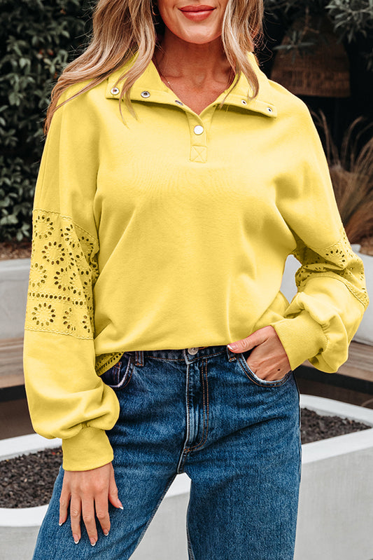 Yellow Cream Embroidered Flower Patchwork Snap Buttons Pullover Sweatshirt-Tops/Sweatshirts & Hoodies-[Adult]-[Female]-2022 Online Blue Zone Planet
