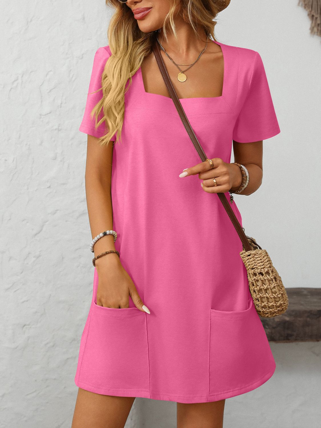 Mandy Square Neck Short Sleeve Mini Dress-TOPS / DRESSES-[Adult]-[Female]-Fuchsia Pink-S-2022 Online Blue Zone Planet