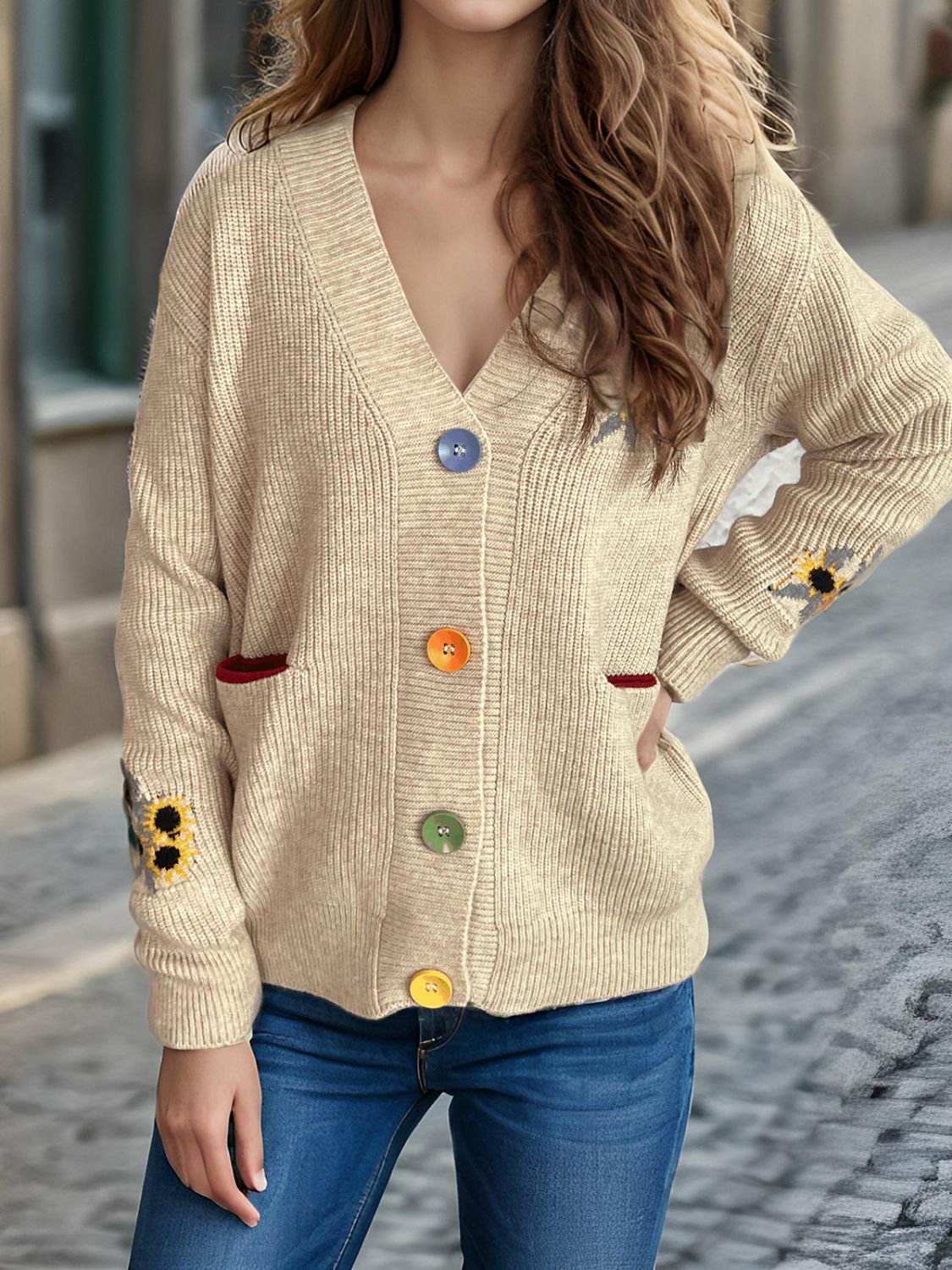 Contrast Button V-Neck Long Sleeve Cardigan-NEW ARRIVALS-[Adult]-[Female]-2022 Online Blue Zone Planet