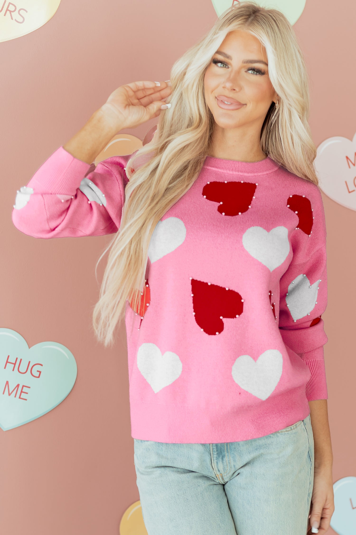 Pink Pearl Embellished Heart Pattern Valentines Day Sweater-TOPS / DRESSES-[Adult]-[Female]-2022 Online Blue Zone Planet