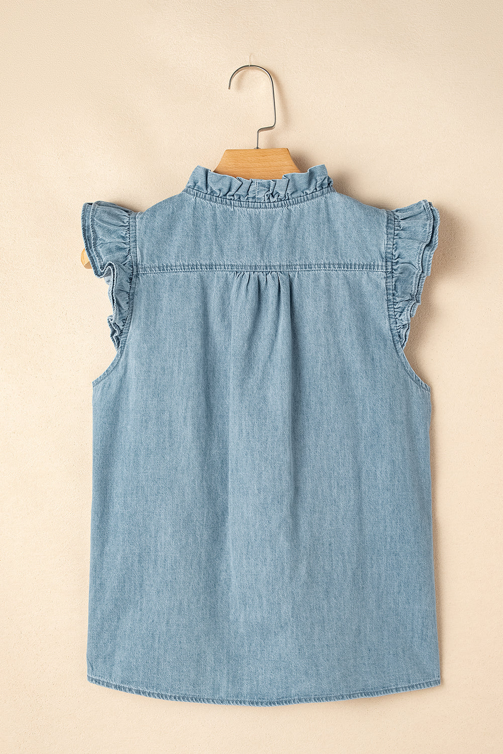 Beau Blue Frilly Ruffle Trim V Neck Chambray Tank Top-Tops/Tank Tops-[Adult]-[Female]-2022 Online Blue Zone Planet
