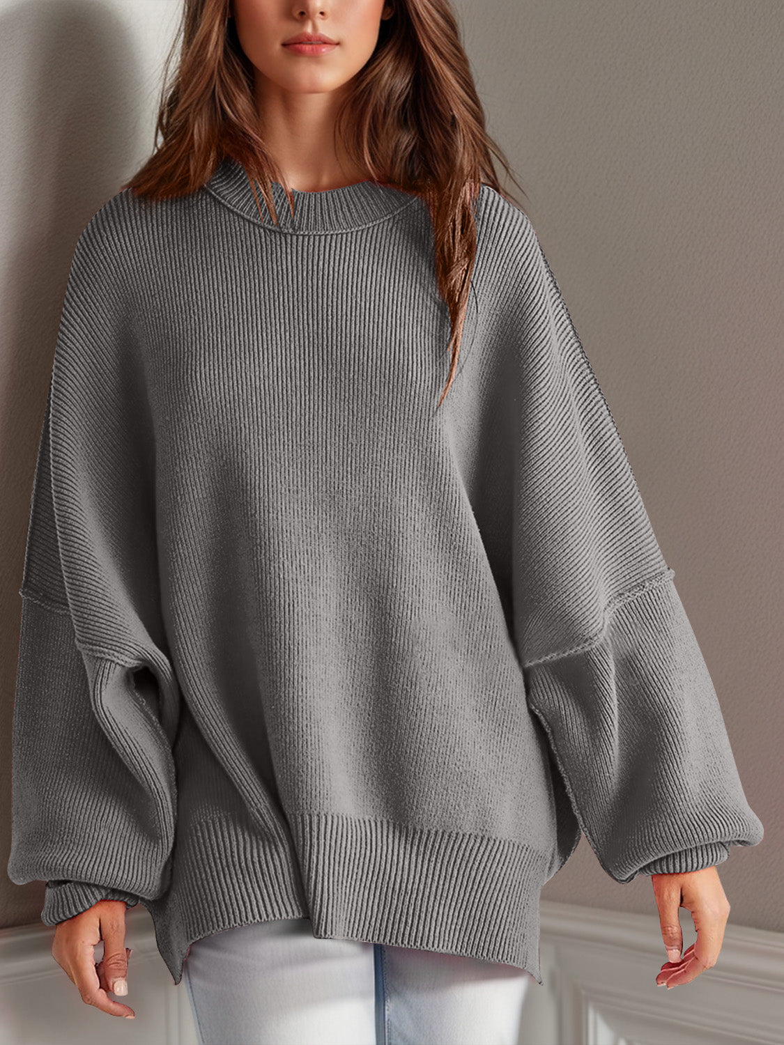 Blue Zone Planet | Double Take Side Slit Round Neck Long Sleeve Sweater-TOPS / DRESSES-[Adult]-[Female]-Gray-S-2022 Online Blue Zone Planet