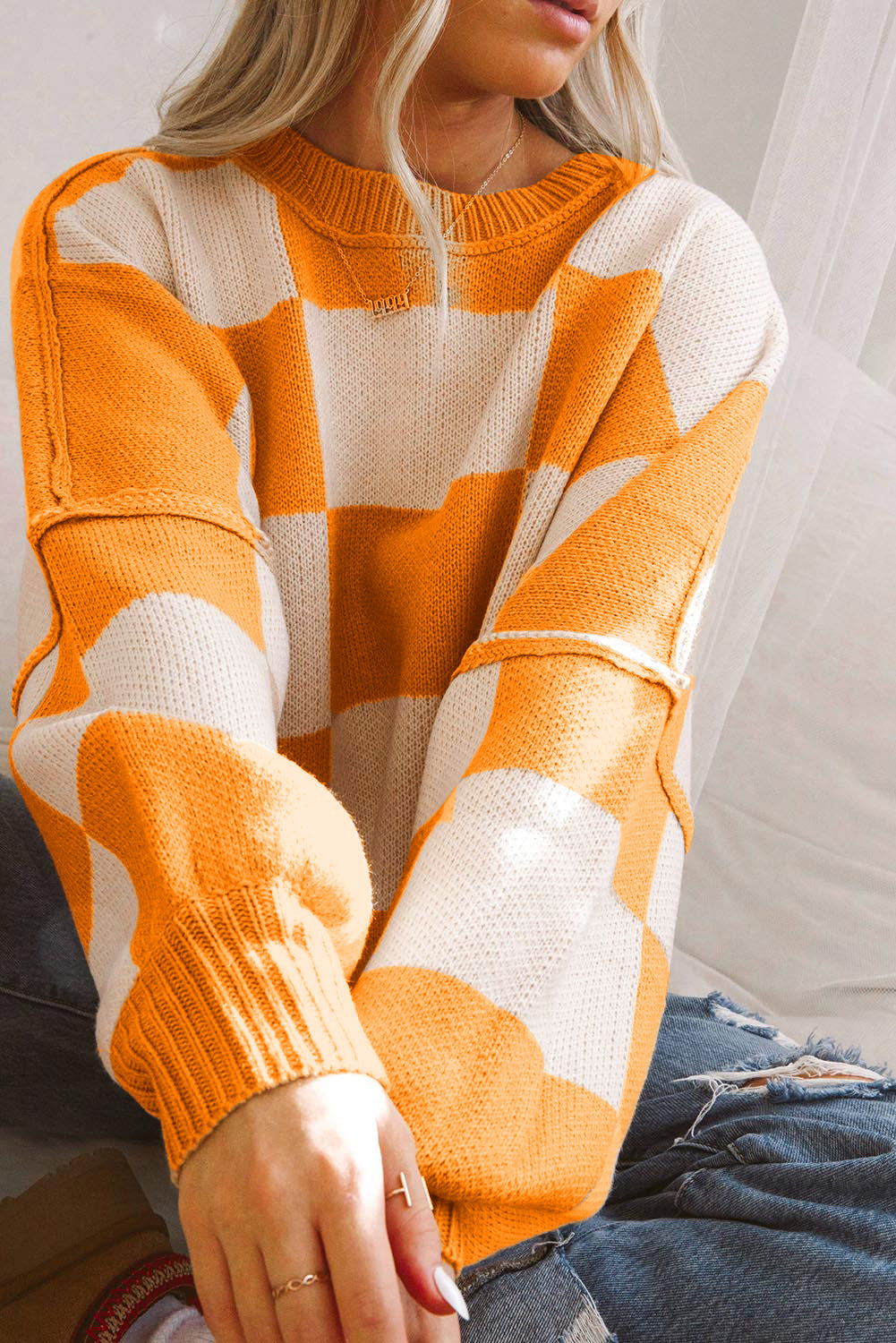 Rose Stripe Checkered Bishop Sleeve Sweater-Sweaters & Cardigans/Sweaters-[Adult]-[Female]-2022 Online Blue Zone Planet