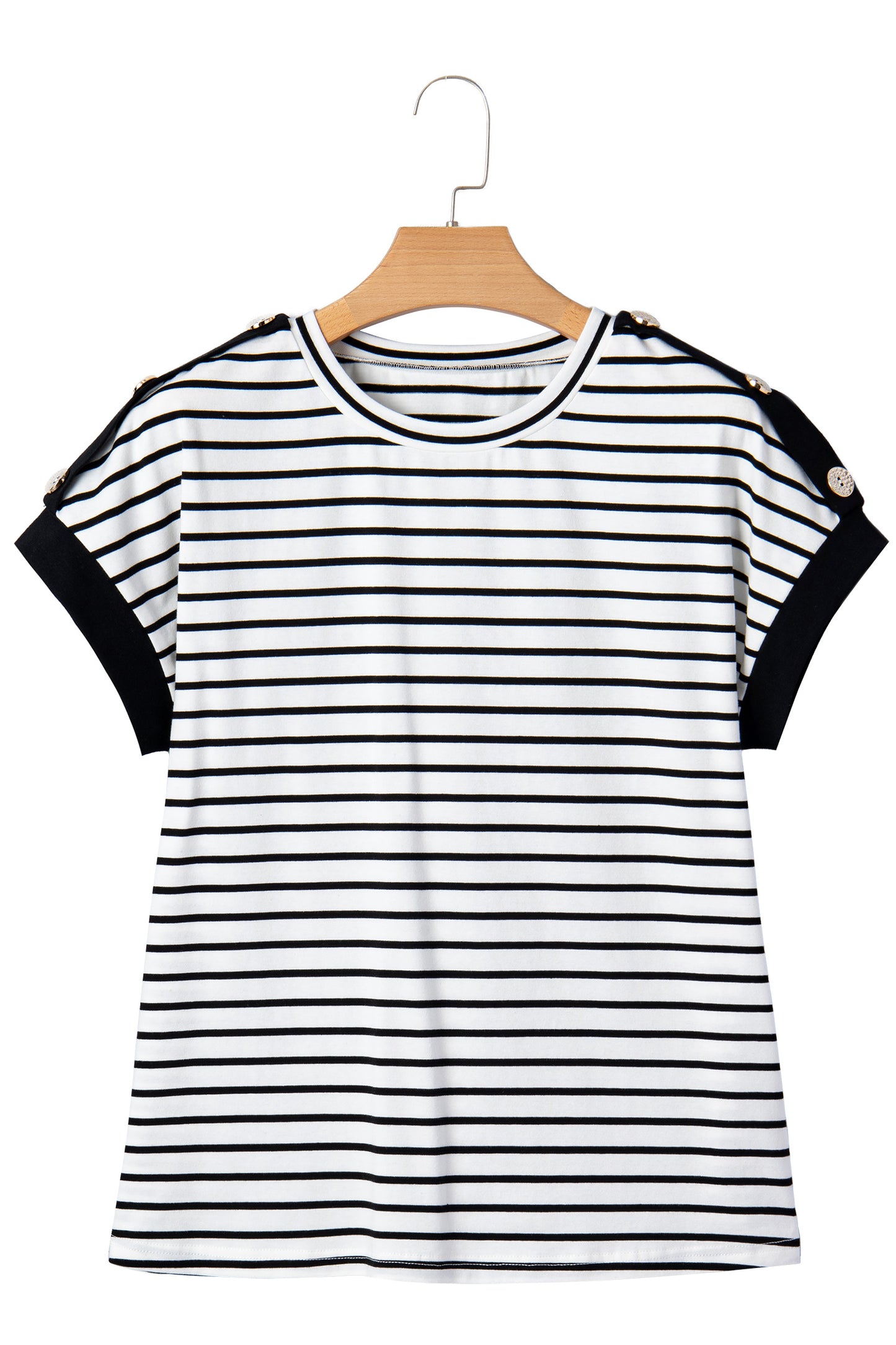 Black Stripe Cuffed Sleeve Button Detail Loose Tee-Tops/Tops & Tees-[Adult]-[Female]-2022 Online Blue Zone Planet
