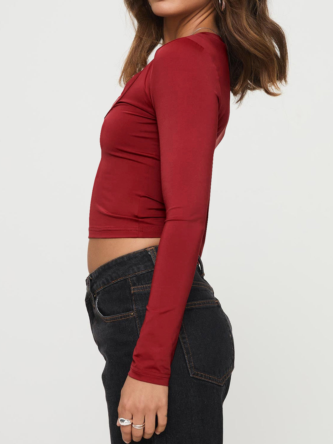 Scoop Neck Long Sleeve Cropped T-Shirt-TOPS / DRESSES-[Adult]-[Female]-Burgundy-S-2022 Online Blue Zone Planet