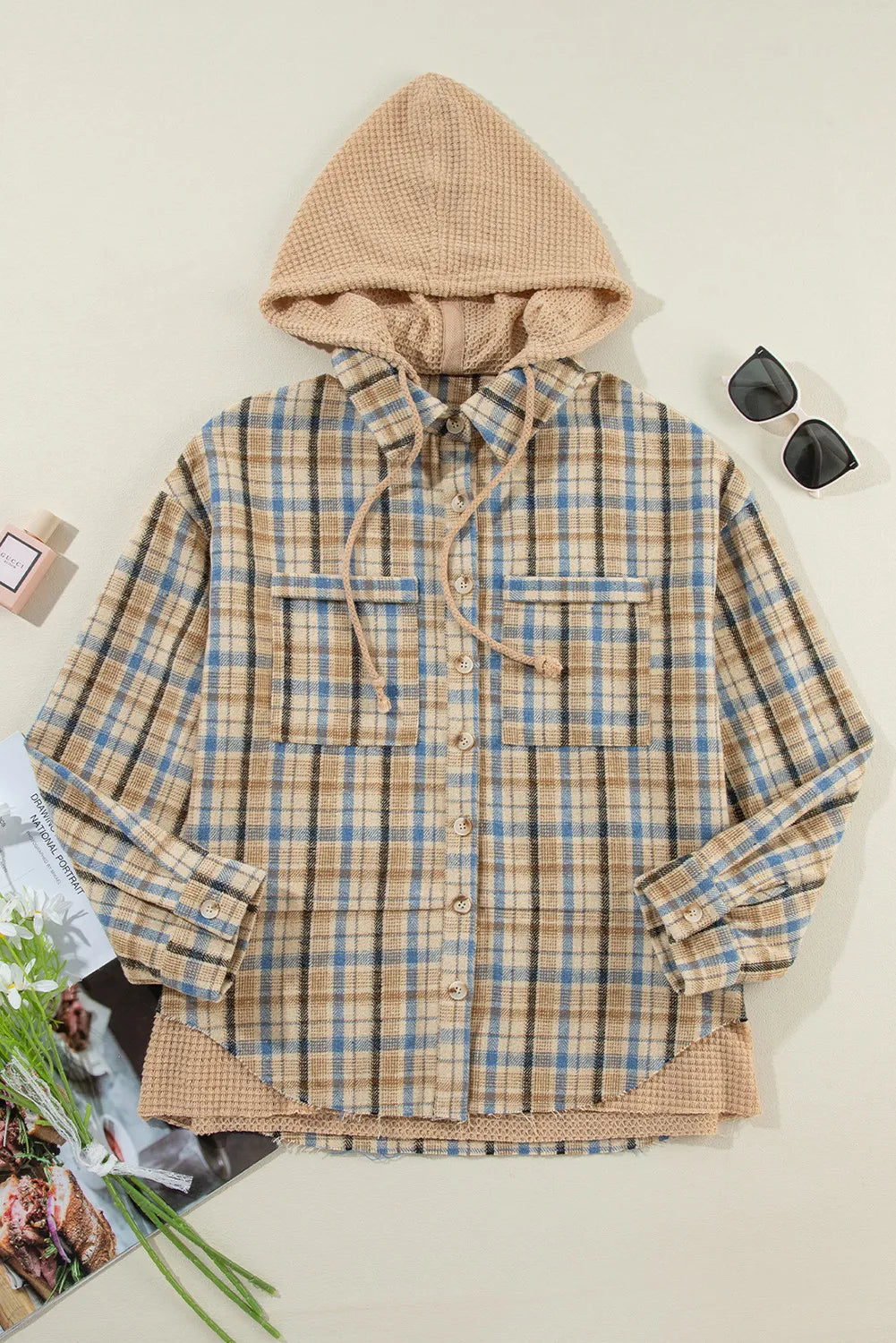 Drawstring Plaid Button Up Hooded Shacket-TOPS / DRESSES-[Adult]-[Female]-2022 Online Blue Zone Planet