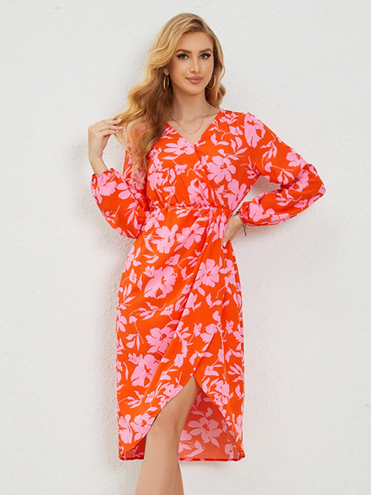 Printed Surplice Long Sleeve Midi Dress-TOPS / DRESSES-[Adult]-[Female]-Orange-S-2022 Online Blue Zone Planet