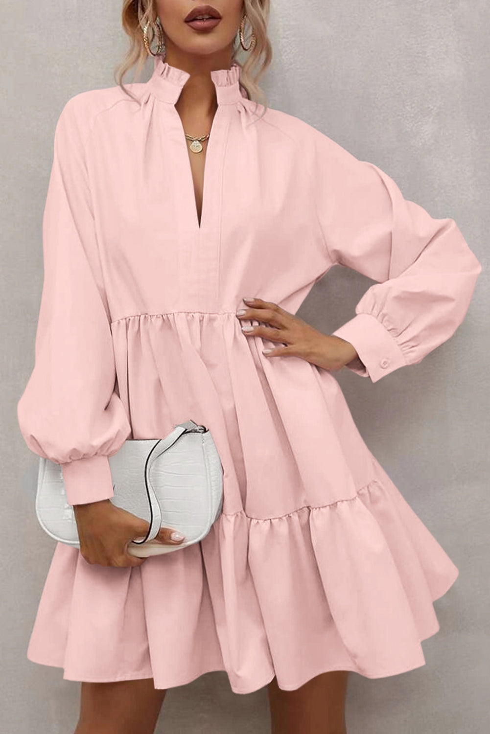 Blue Zone Planet | Pink Frilled Stand Collar Long Sleeve Ruffle Dress-TOPS / DRESSES-[Adult]-[Female]-Pink-S-2022 Online Blue Zone Planet