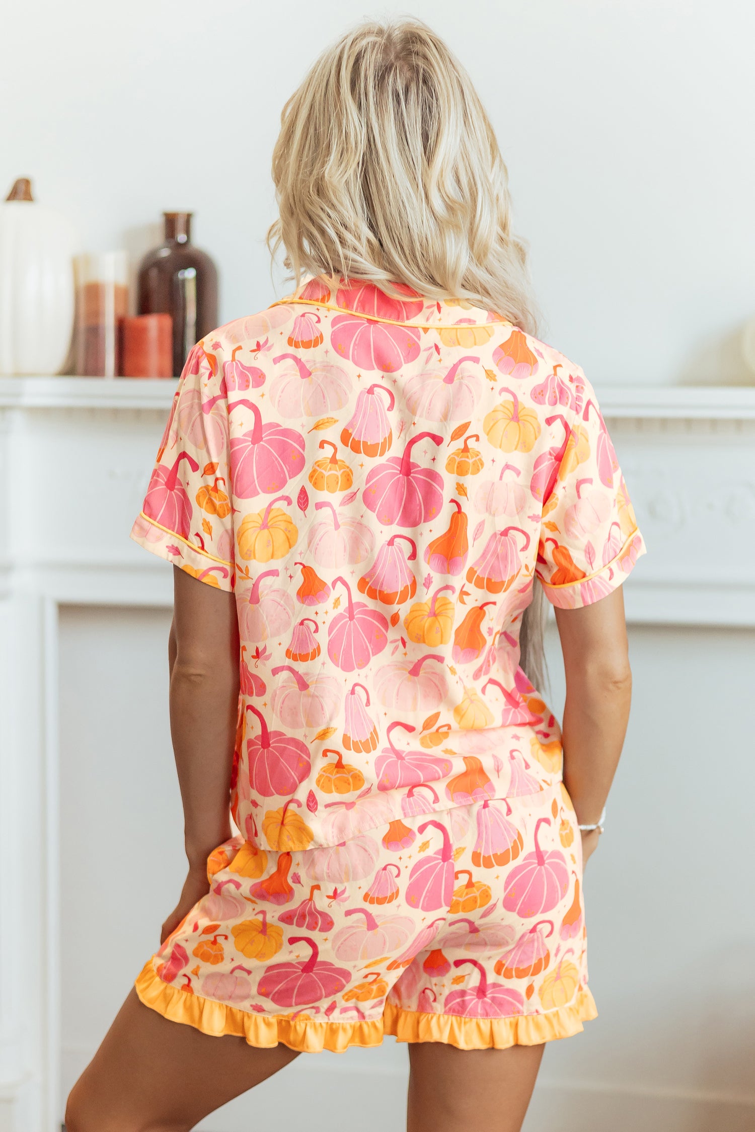Pink Short Sleeve Pumpkin Print Pocket Placket Shell Button Lounge Set-Loungewear & Sleepwear/Loungewear-[Adult]-[Female]-2022 Online Blue Zone Planet