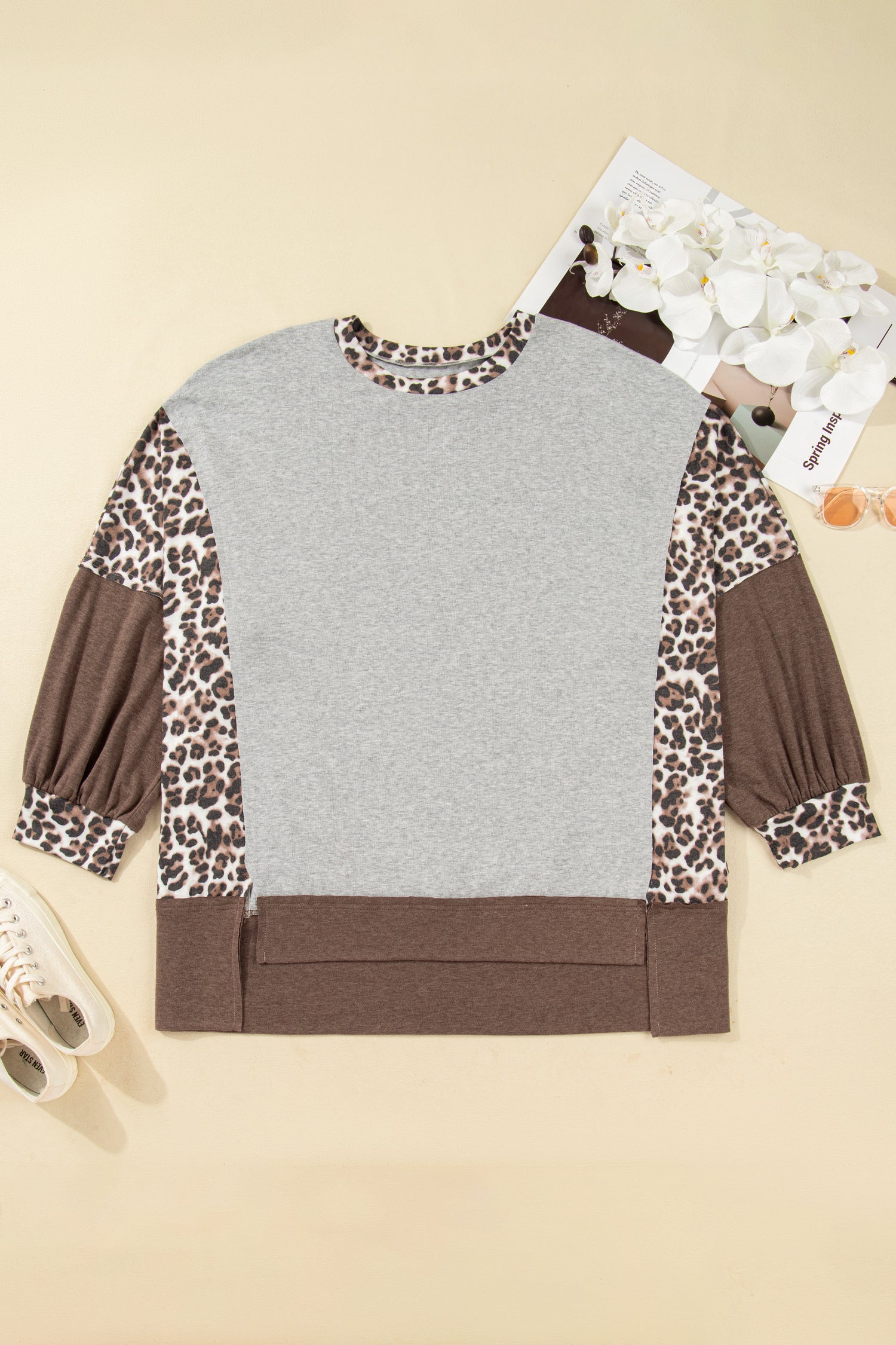 Gray Plus Size Leopard Color Block Patchwork Dolman Sweatshirt-Plus Size/Plus Size Sweatshirts & Hoodies-[Adult]-[Female]-2022 Online Blue Zone Planet