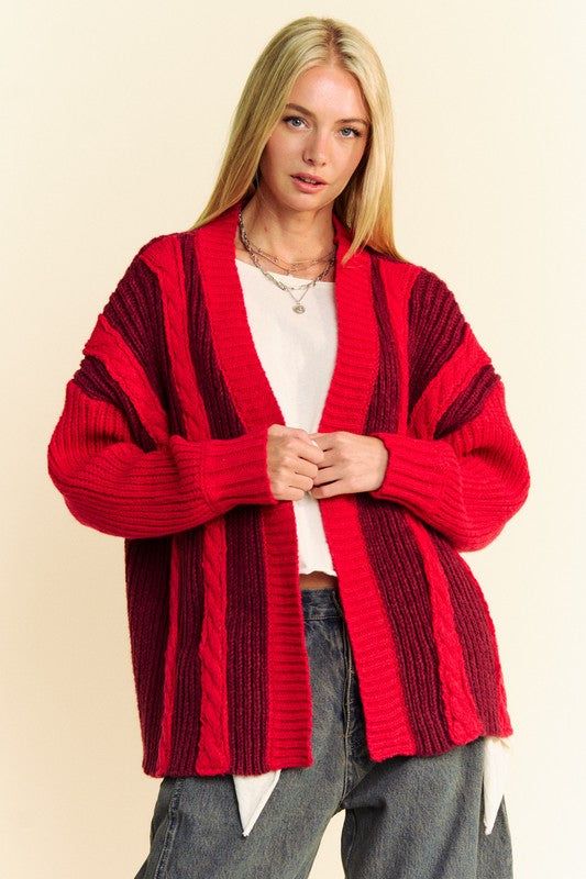 Davi & Dani Cable-Knit Color Block Open Front Cardigan-TOPS / DRESSES-[Adult]-[Female]-Burgundy-S-2022 Online Blue Zone Planet