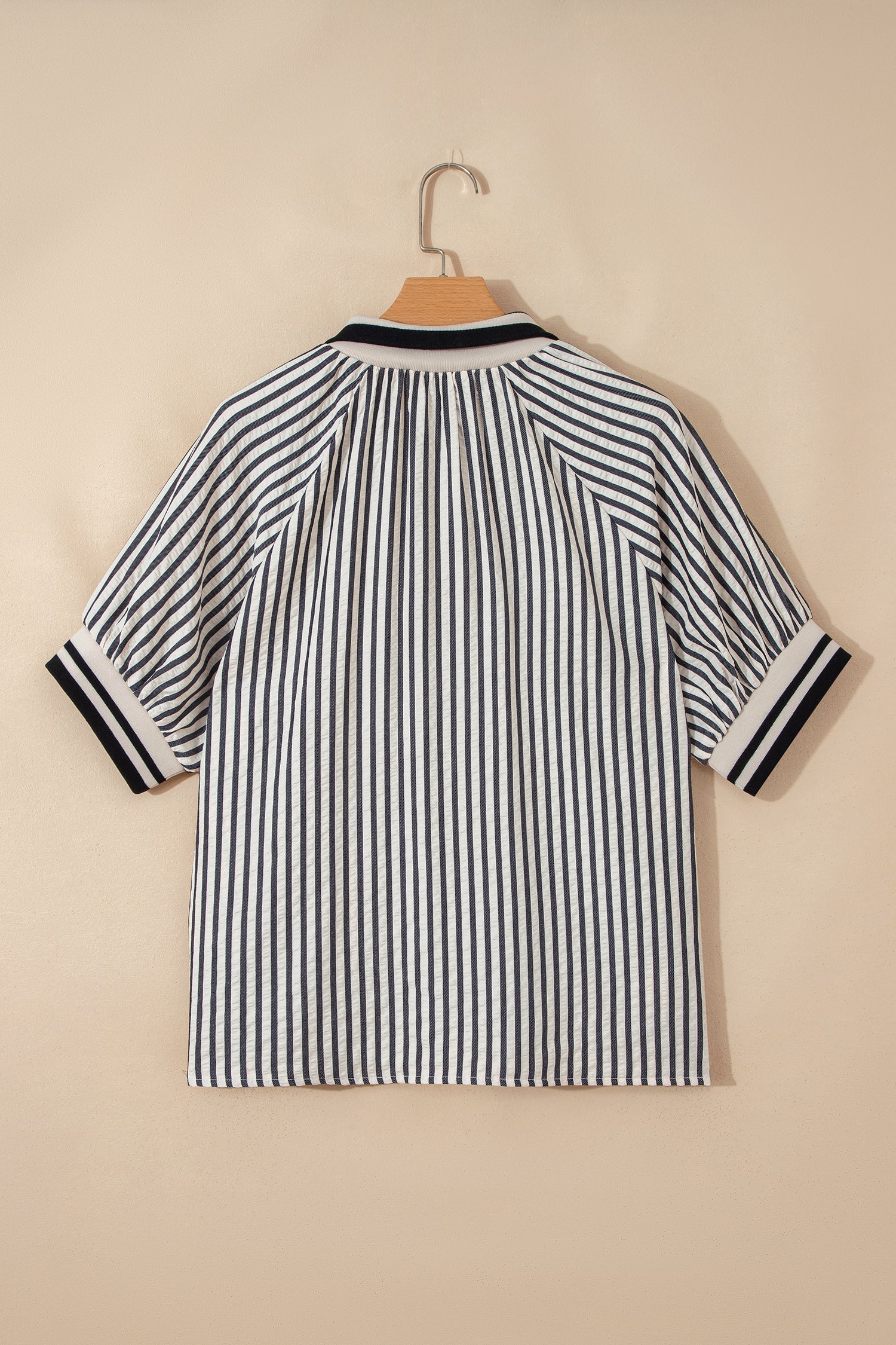 Black Stripe Polo Collar Half Zip Short Puff Sleeve Blouse-Tops/Blouses & Shirts-[Adult]-[Female]-2022 Online Blue Zone Planet