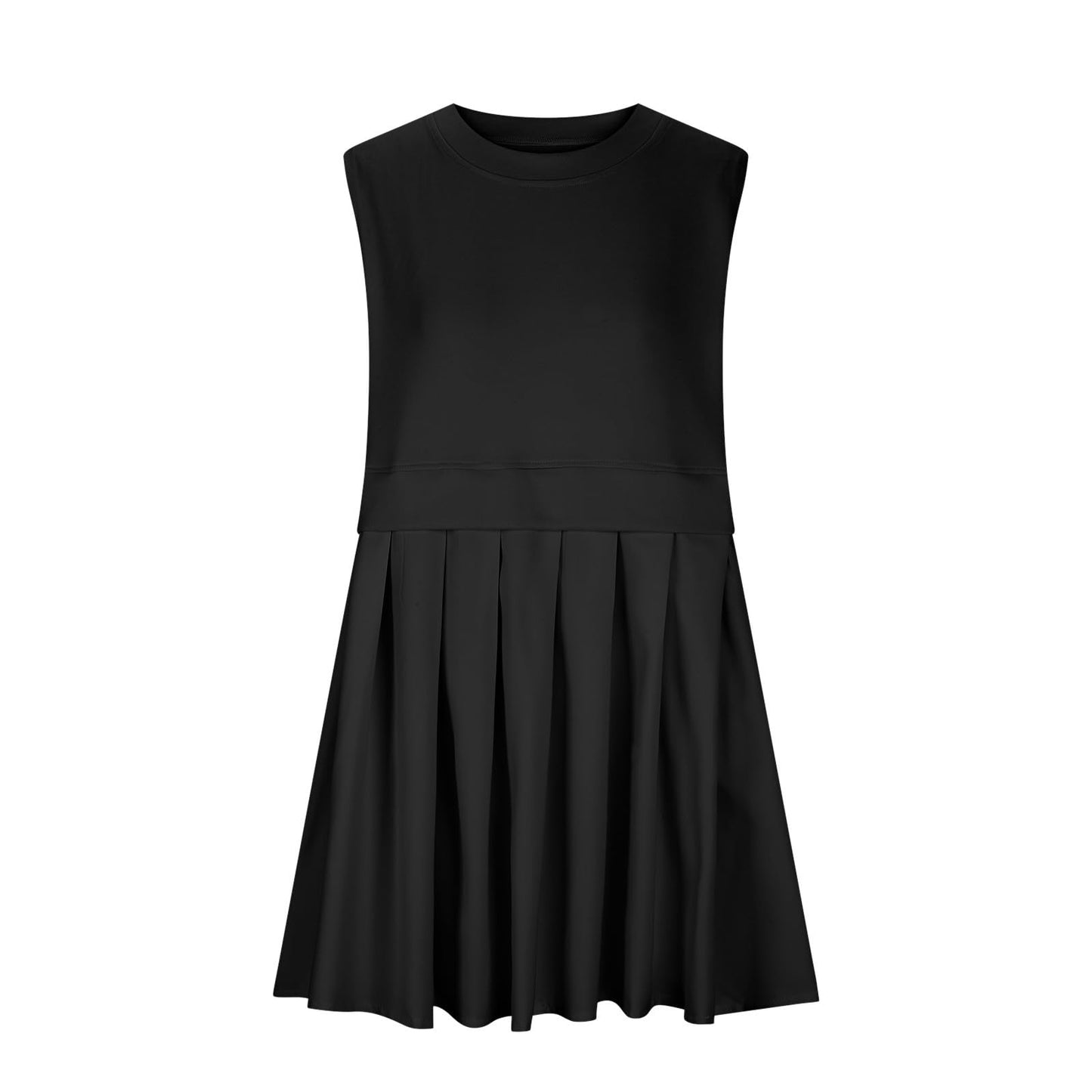 Pleated Round Neck Sleeveless Mini Dress-TOPS / DRESSES-[Adult]-[Female]-Black-S-2022 Online Blue Zone Planet