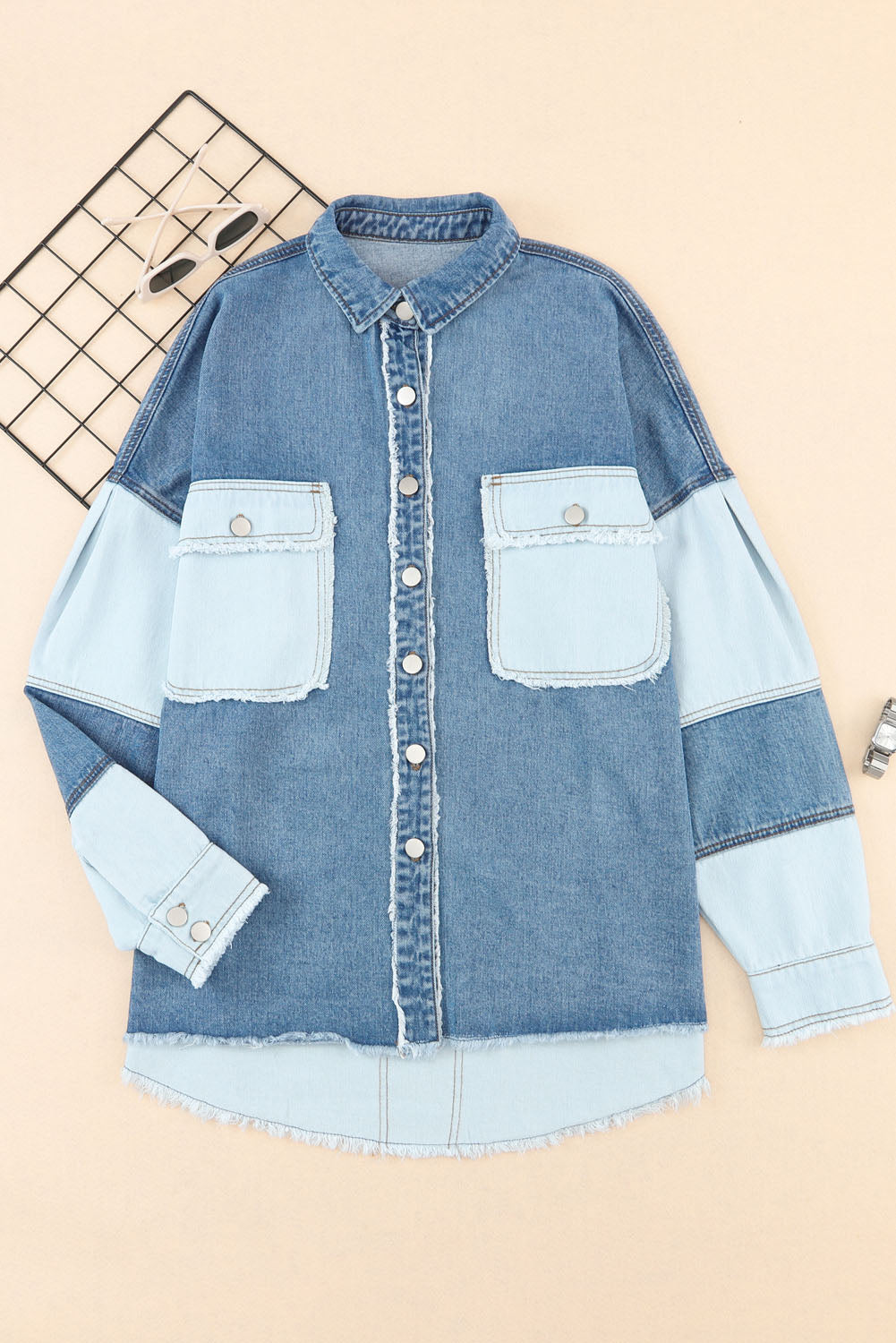 Raw Hem Color Block Denim Jacket-TOPS / DRESSES-[Adult]-[Female]-2022 Online Blue Zone Planet