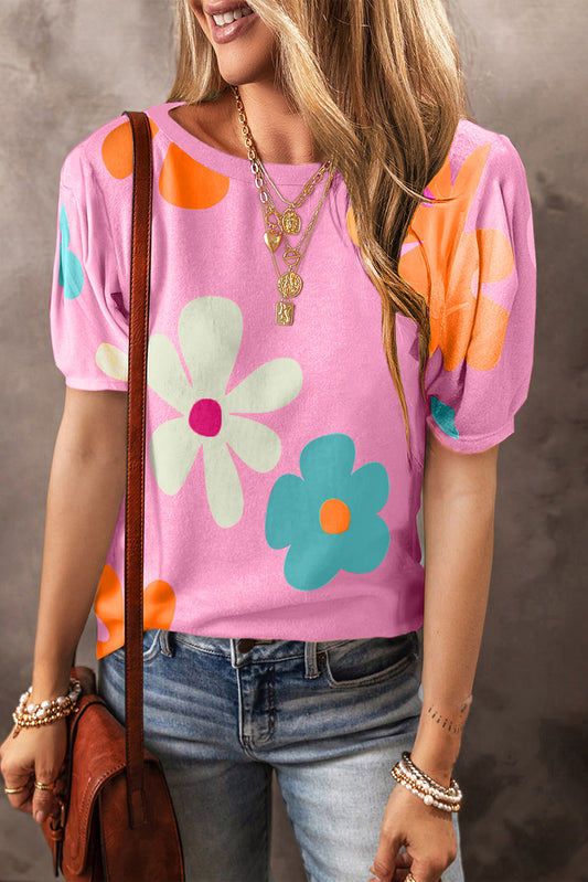 Sky Blue Flower Print Bubble Sleeve Tee-Tops/Tops & Tees-[Adult]-[Female]-Pink-S-2022 Online Blue Zone Planet