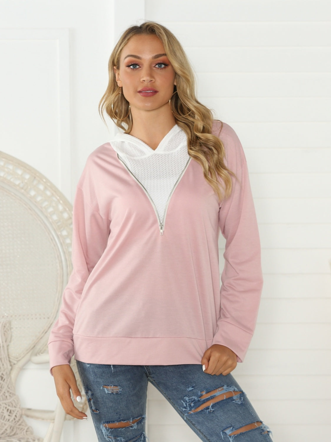 Blue Zone Planet | Contrast Zip Detail Hoodie-TOPS / DRESSES-[Adult]-[Female]-Blush Pink-XL-2022 Online Blue Zone Planet