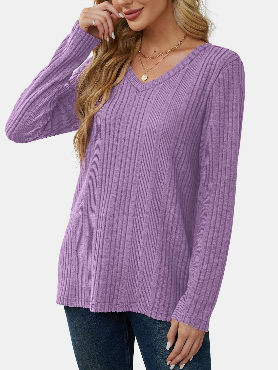 V-Neck Long Sleeve T-Shirt-TOPS / DRESSES-[Adult]-[Female]-Lilac-S-2022 Online Blue Zone Planet