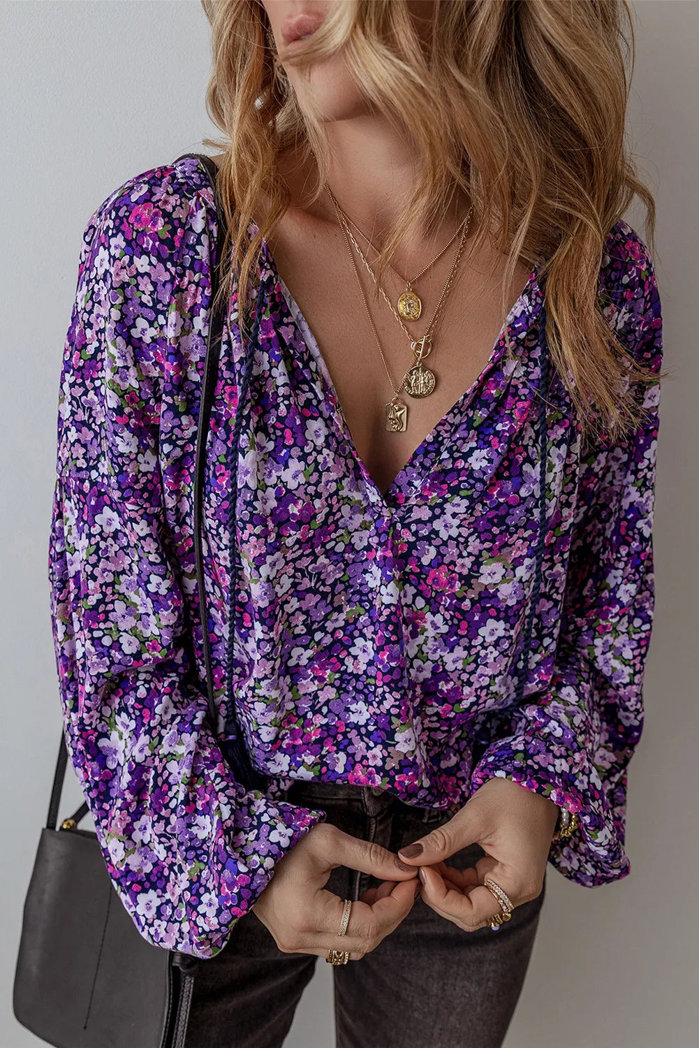 Floral Tie Neck Long Sleeve Blouse-TOPS / DRESSES-[Adult]-[Female]-2022 Online Blue Zone Planet