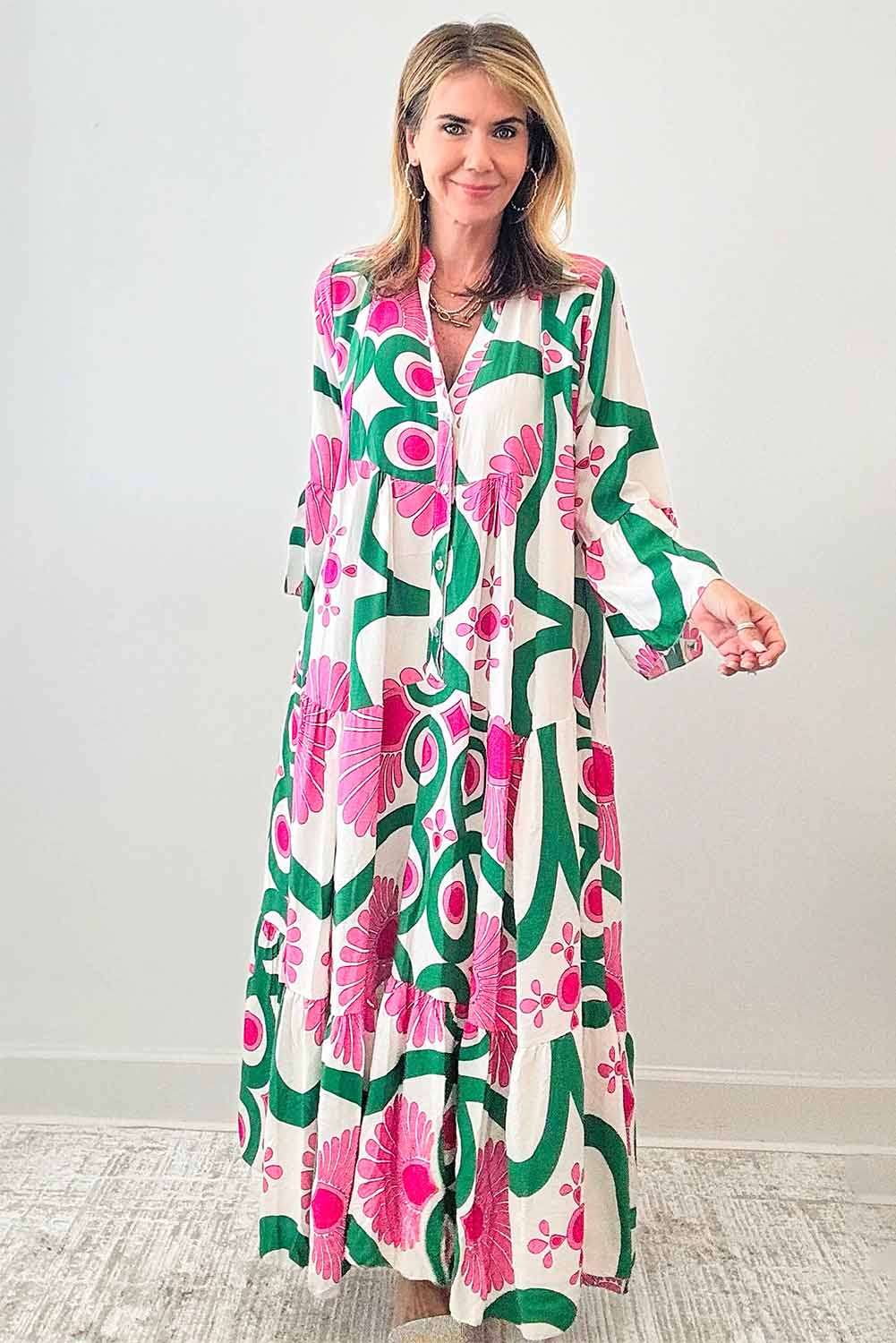 Blue Zone Planet | Pink Boho Floral Printed Long Sleeve Buttoned Loose Maxi Dress-TOPS / DRESSES-[Adult]-[Female]-2022 Online Blue Zone Planet