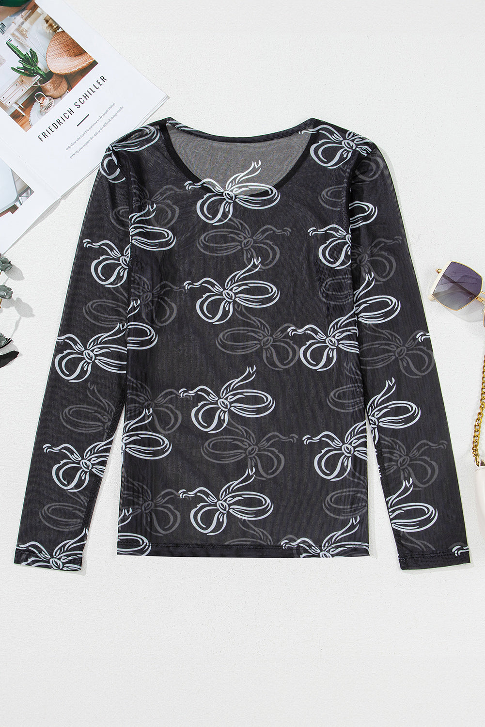 Black Round Neck Bow Print Long Sleeve Mesh Top-Tops/Long Sleeve Tops-[Adult]-[Female]-2022 Online Blue Zone Planet