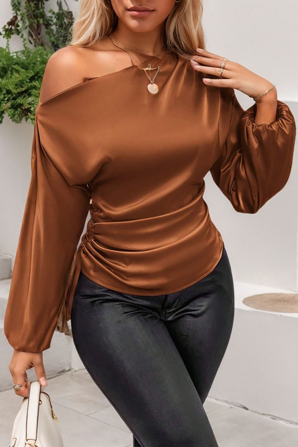 Drawstring One Shoulder Long Sleeve Blouse-TOPS / DRESSES-[Adult]-[Female]-Brown-S-2022 Online Blue Zone Planet