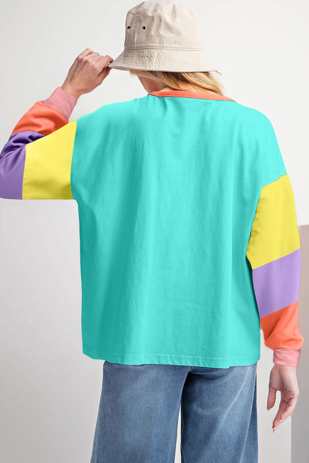 Green Colorblock Patchwork Long Sleeve Loose Top-Tops/Long Sleeve Tops-[Adult]-[Female]-2022 Online Blue Zone Planet