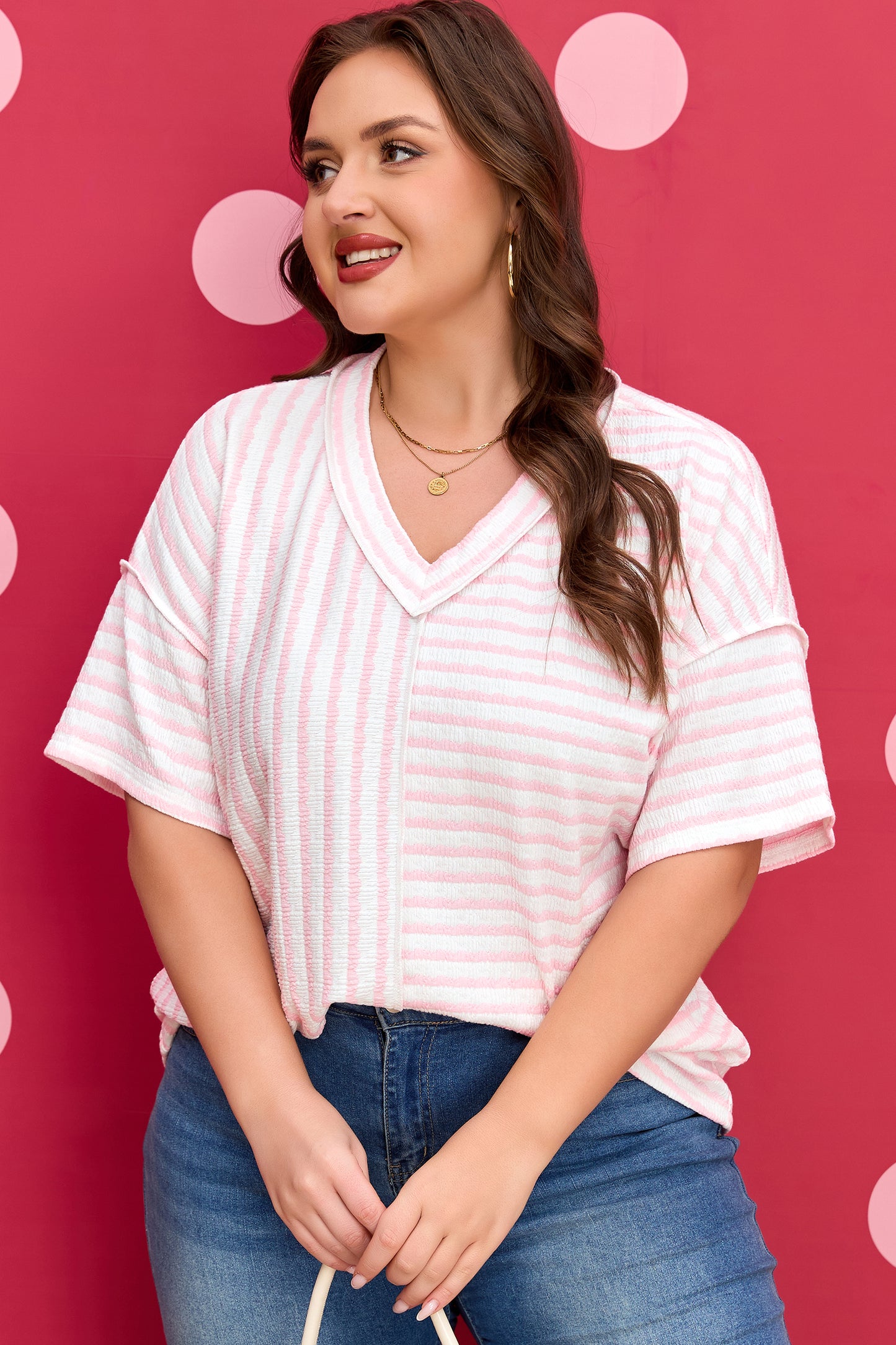Pink Stripe Plus Size V Neck Exposed Seam Patchwork T Shirt-Plus Size/Plus Size Tops/Plus Size Tops & Tees-[Adult]-[Female]-2022 Online Blue Zone Planet