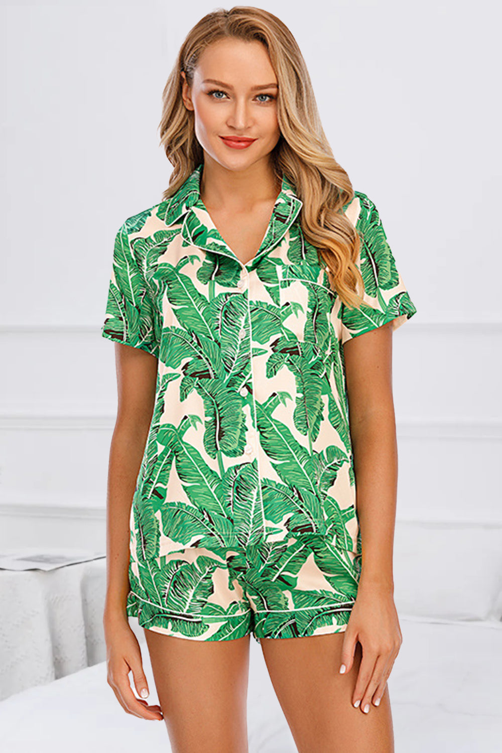 Printed Button Up Short Sleeve Top and Shorts Lounge Set-TOPS / DRESSES-[Adult]-[Female]-Green-S-2022 Online Blue Zone Planet