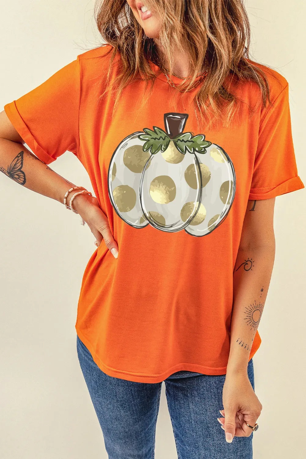 Pumpkin Graphic Round Neck Short Sleeve T-Shirt-TOPS / DRESSES-[Adult]-[Female]-2022 Online Blue Zone Planet