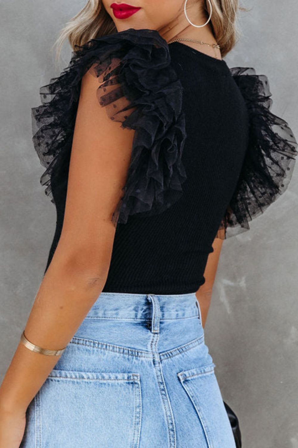 Ruffled Round Neck Cap Sleeve Blouse-TOPS / DRESSES-[Adult]-[Female]-2022 Online Blue Zone Planet