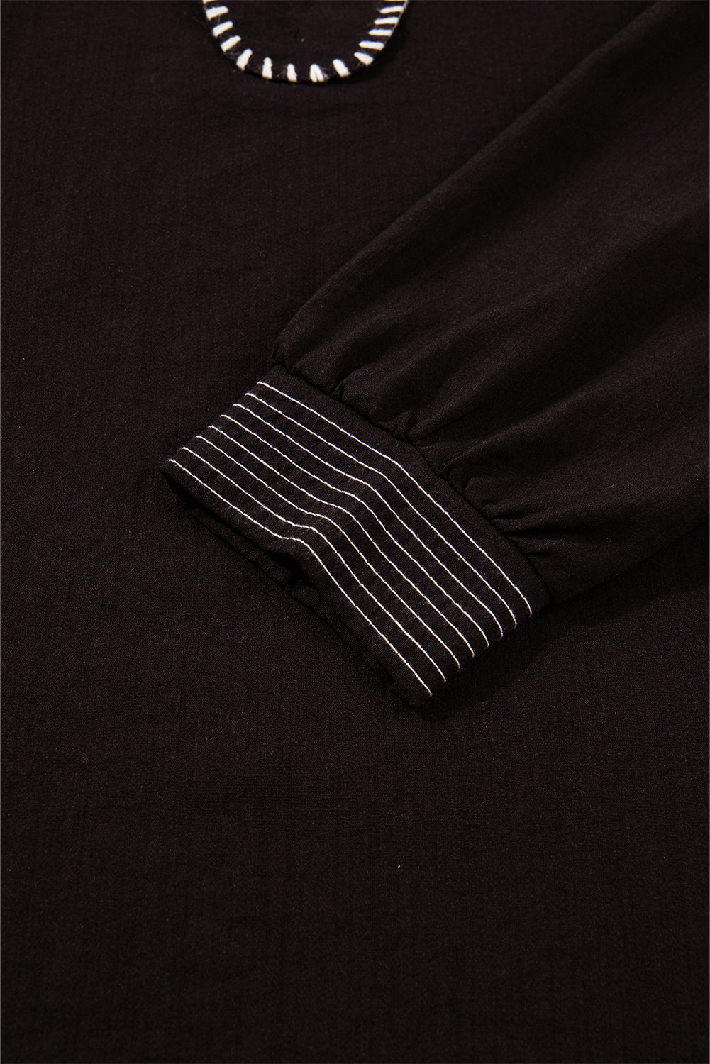 Black Contrast Stitched Detail V Neck Ruffle Long Sleeve Blouse-Tops/Blouses & Shirts-[Adult]-[Female]-2022 Online Blue Zone Planet